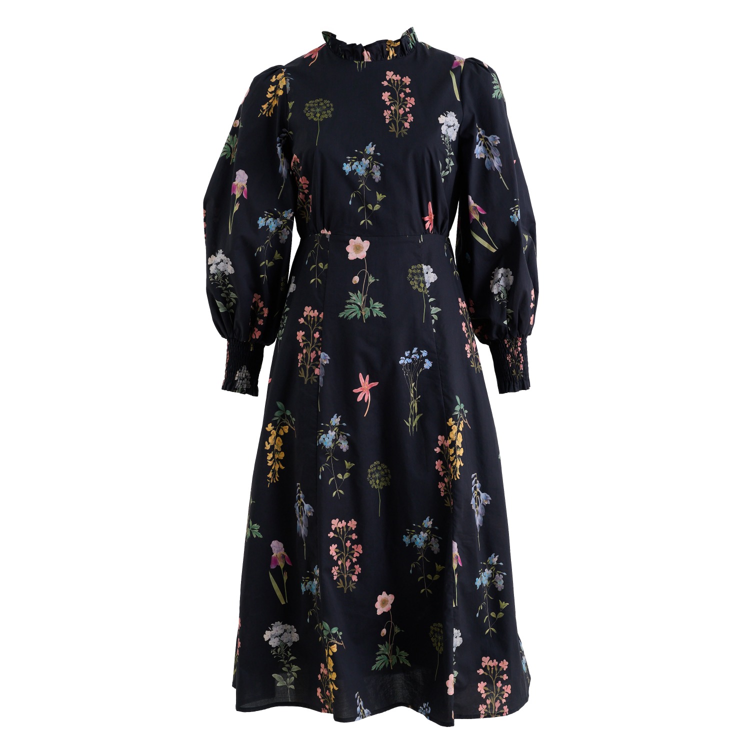 Jessie Flower Press Print Frill Neck Midi Dress | Louche | Wolf