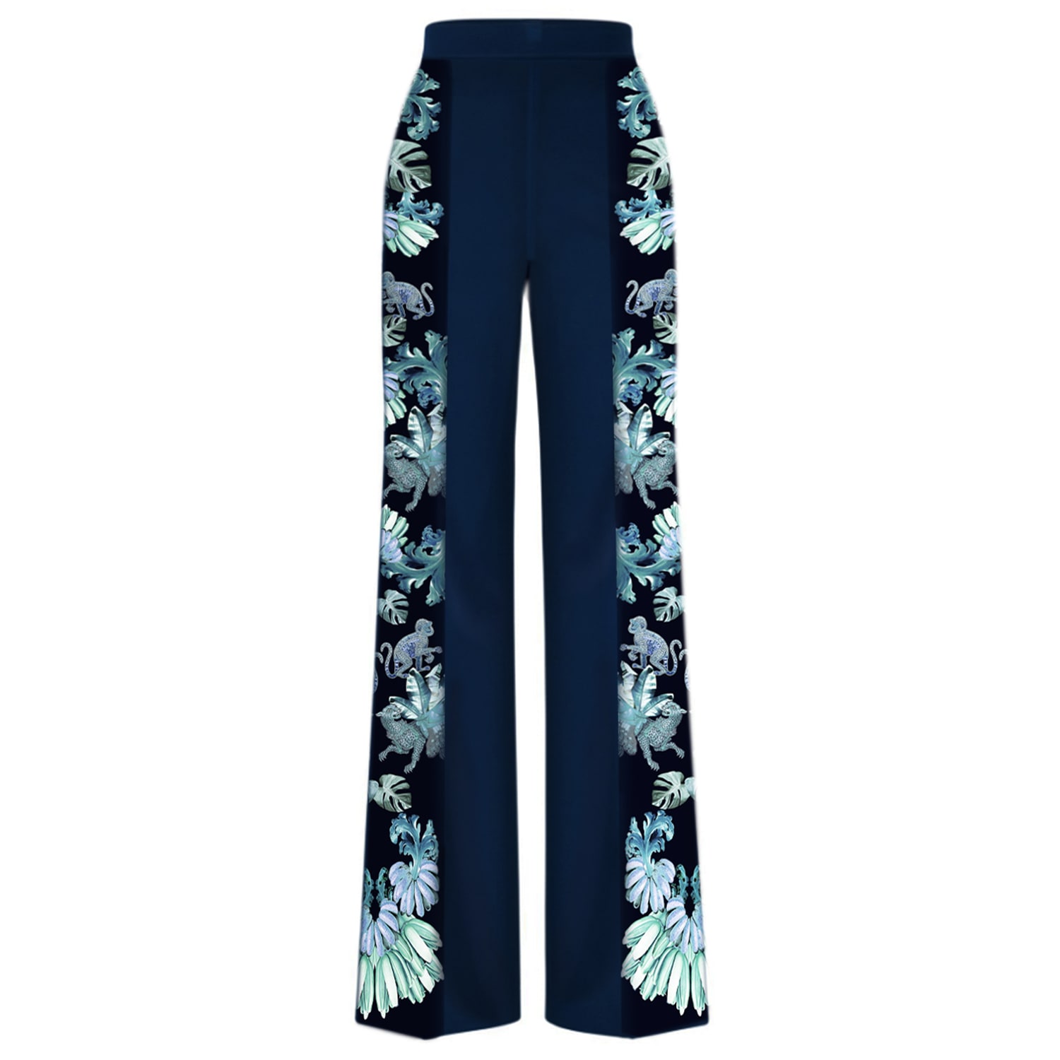 Cassandra Hone Women's Blue / Green / Black Navy Crepe Trouser With Silk Printed Sides In Blue/green/black