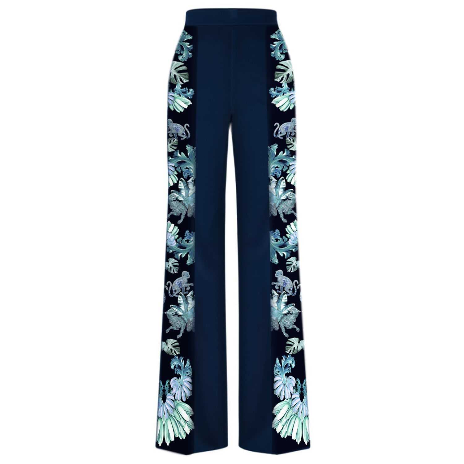 Women’s Blue / Green / Black Navy Crepe Trouser With Silk Printed Sides Small Cassandra Hone