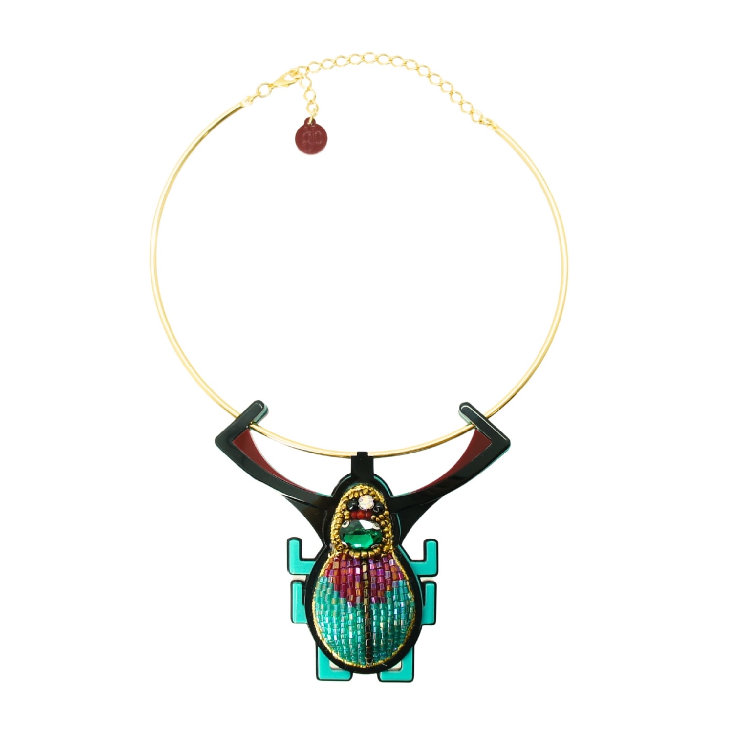 Gissa Bicalho Women's Green / Black Handmade Acrylic Necklace Scarab Embroidered Turquoise In Gold