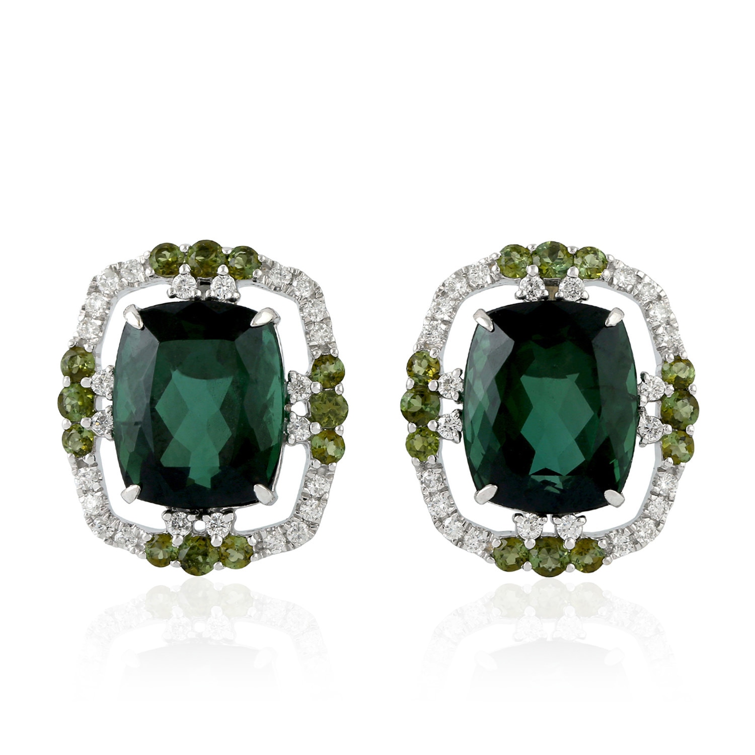 Women’s Green / White 18Kt White Gold Genuine Diamond Stud Earrings Green Tourmaline Artisan