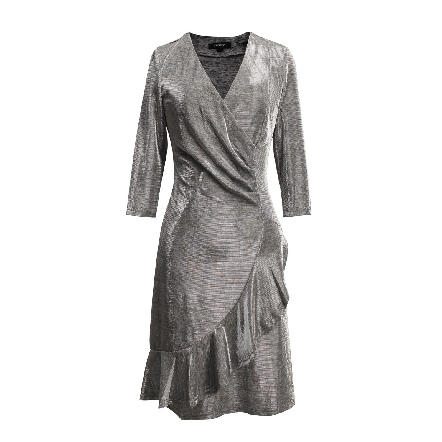 Smart And Joy Women's Grey Cross-heart Fit-and-flare Tiered Ruffle Shiny Dress In Grey