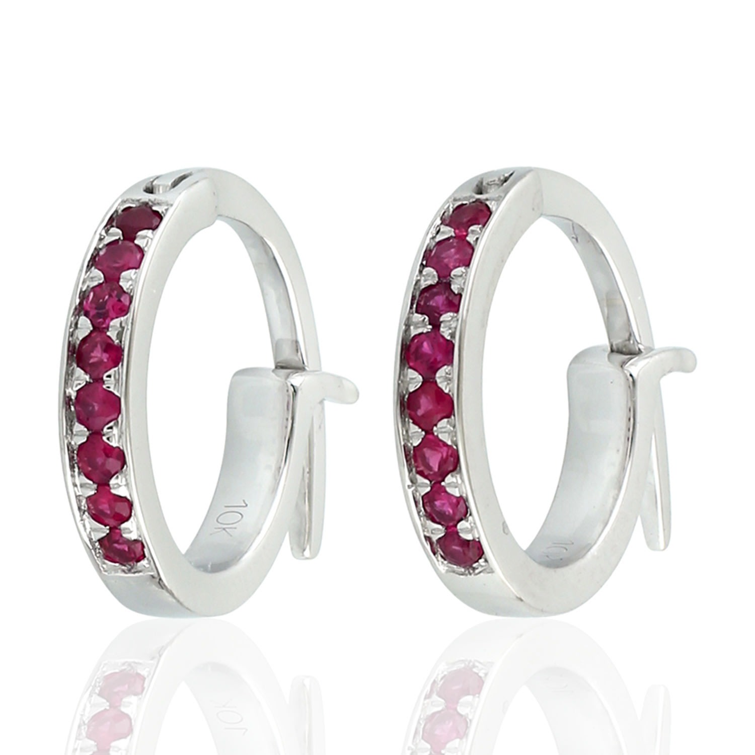 Artisan Women's Red / White Designer Ruby Minimal Huggie Earrings In 10k White Gold In Silver