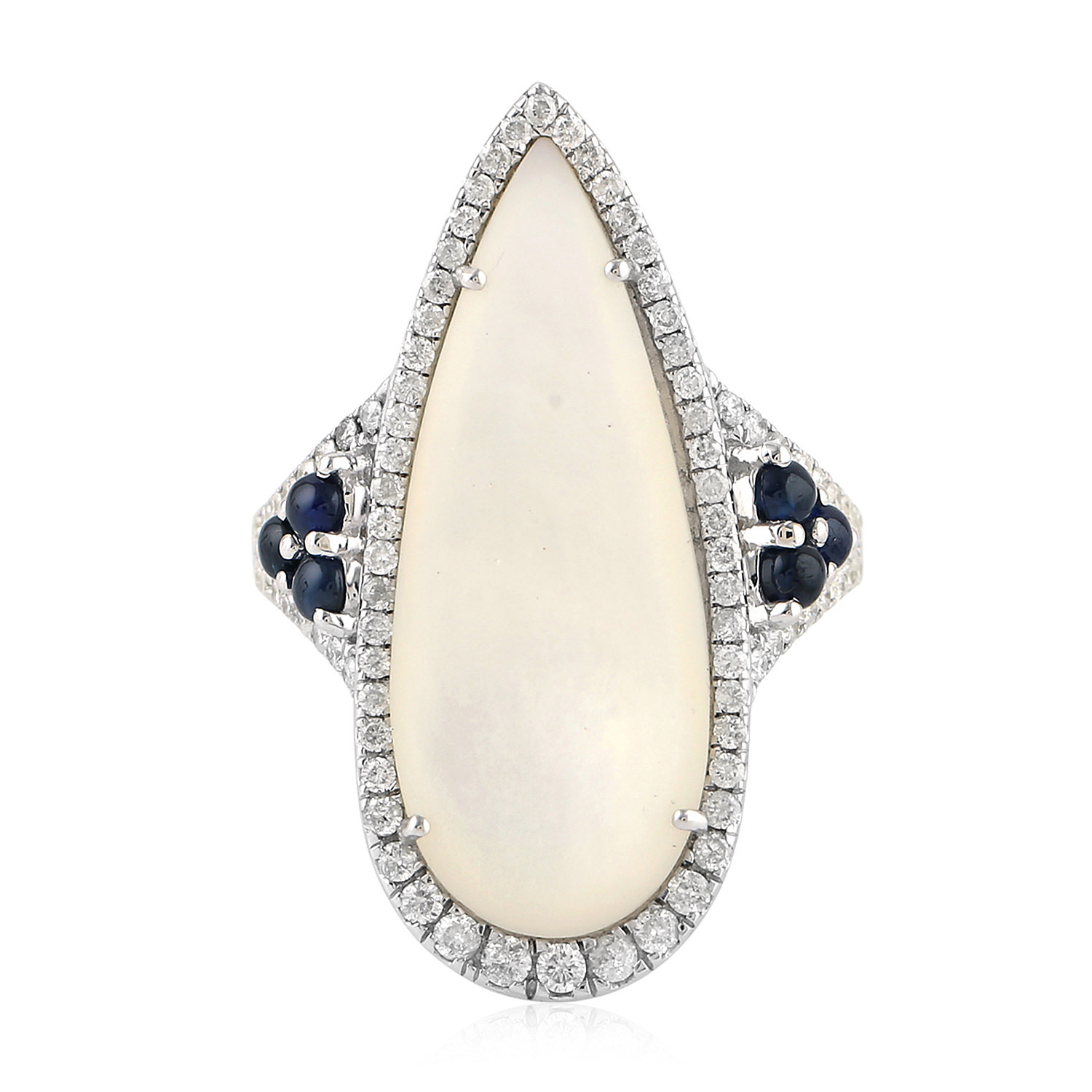 Women’s Blue / White 18K White Gold With Pave Diamond & Blue Sapphire And Mother Of Pearl Cocktail Ring Jewelry Artisan