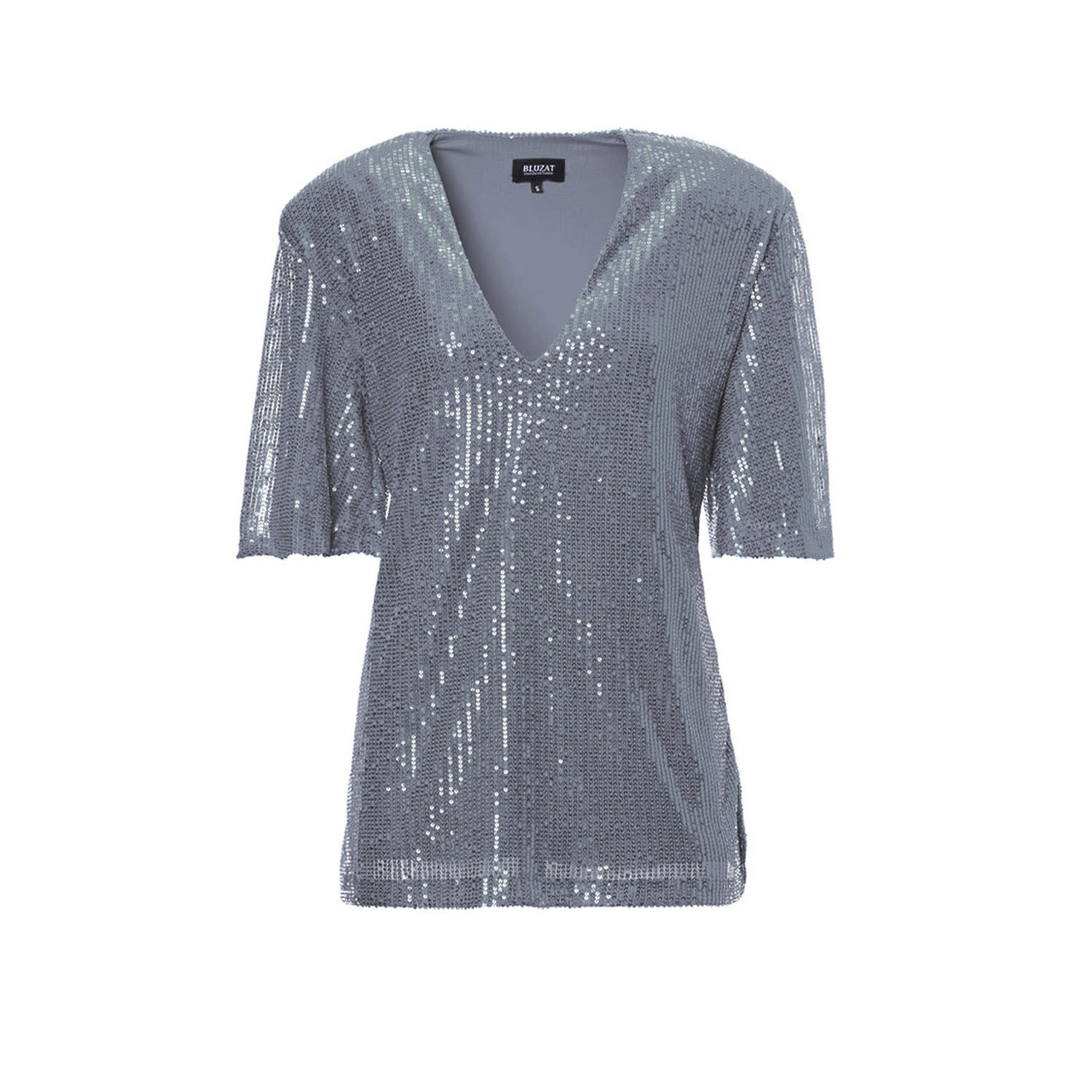 Bluzat Women's Oversized Grey Sequined Blouse With Side Slit In Grey