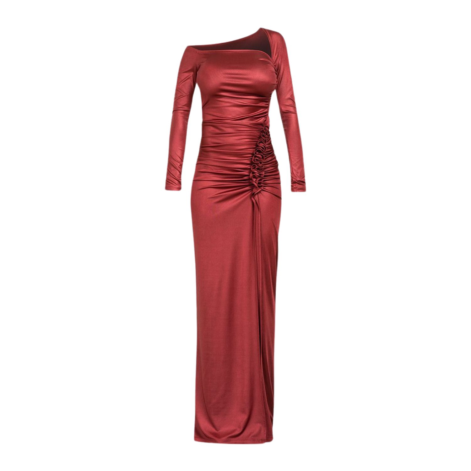 Women’s Maxi Asymmetric Long Sleeve Dress With Ruched Detail In Red Xs/S Cliché Reborn