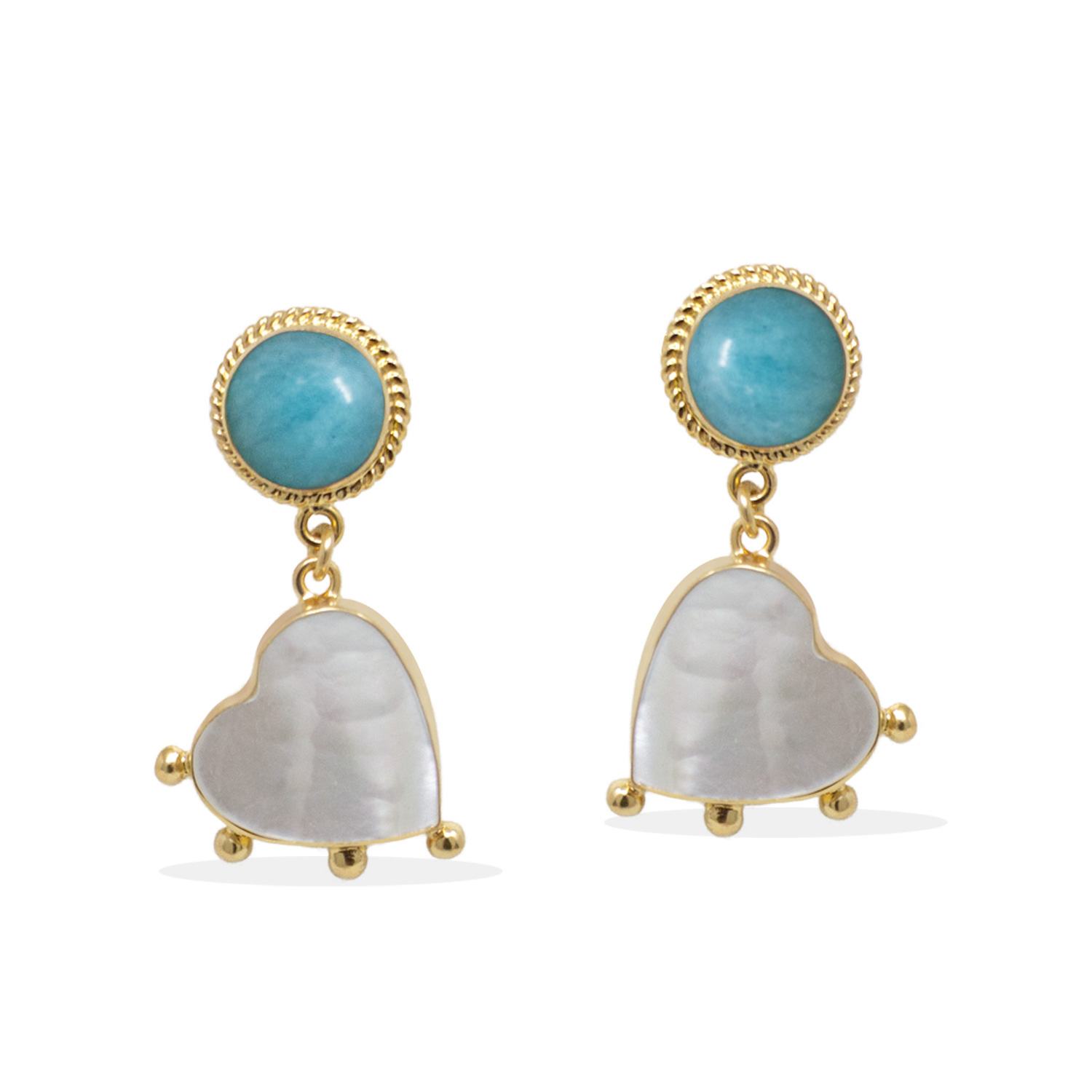 Vintouch Italy Women's White / Green / Gold Happy Hearts Earrings With Amazonite And Pearls In Multi