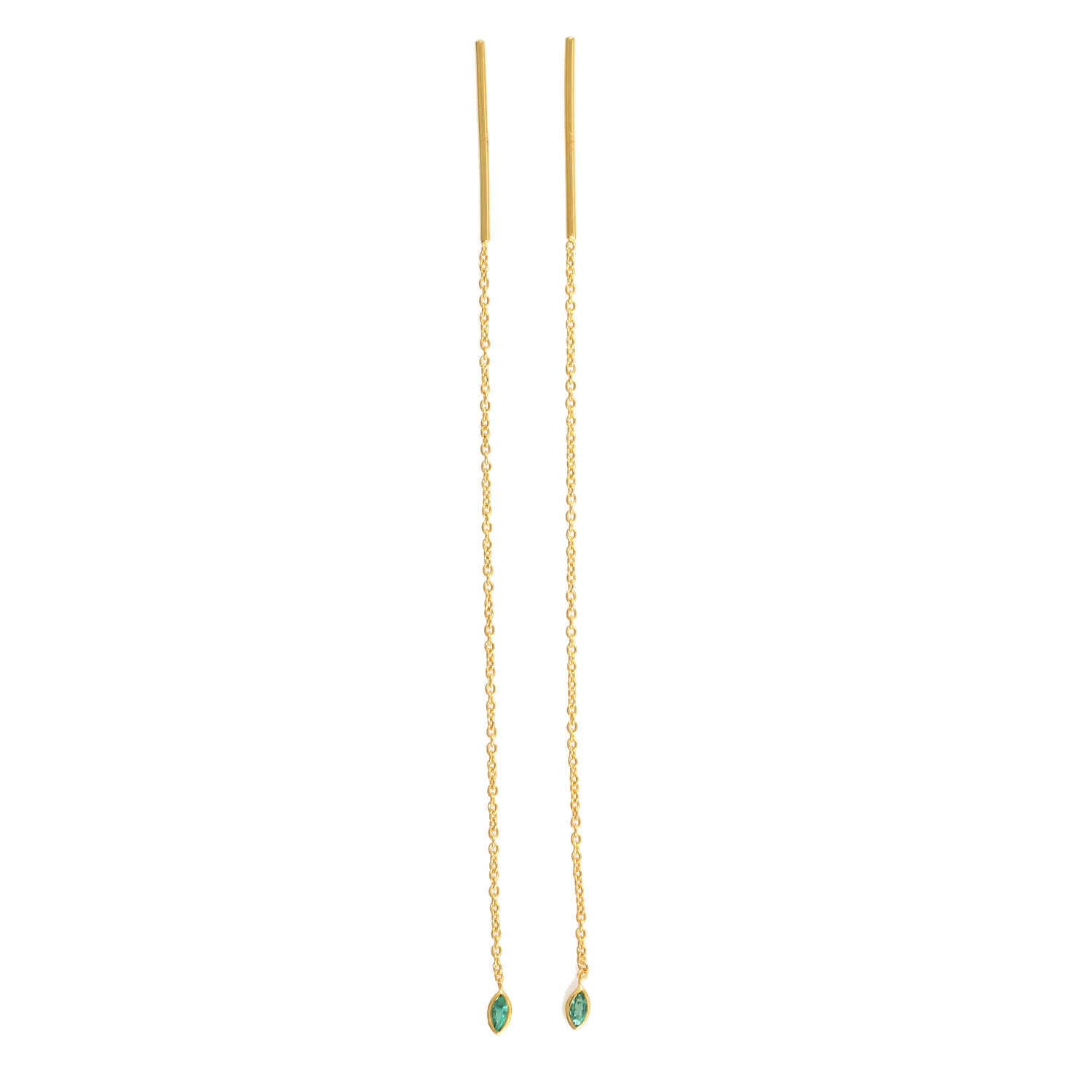 Artisan Women's Gold / Green Beautiful Fashionable 18k Solid Gold & Marquise Emerald Chain Ear Thread Earrin