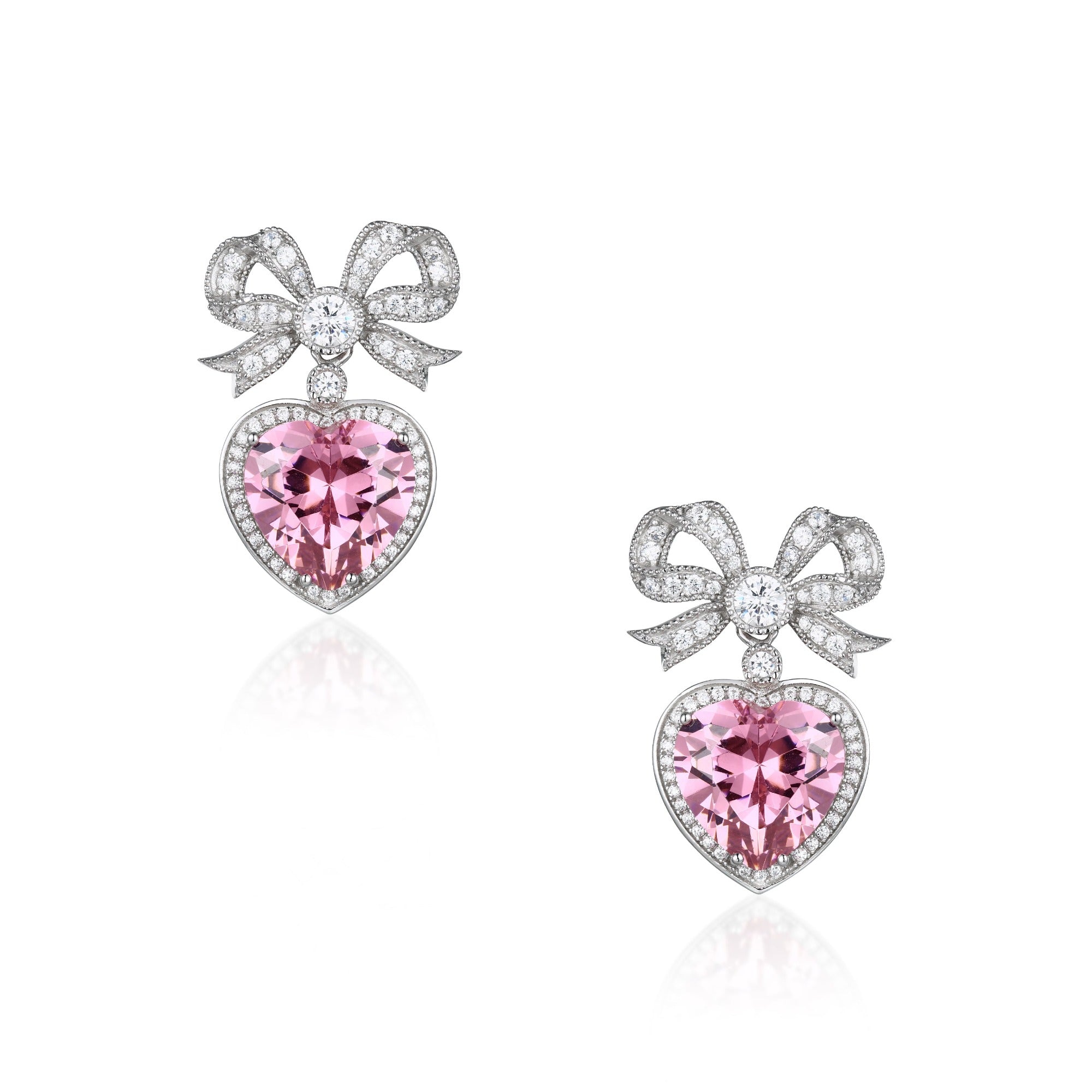 Women’s Pink / Purple / Silver Princess Bow & Crystal Heart Silver Earrings Santinni