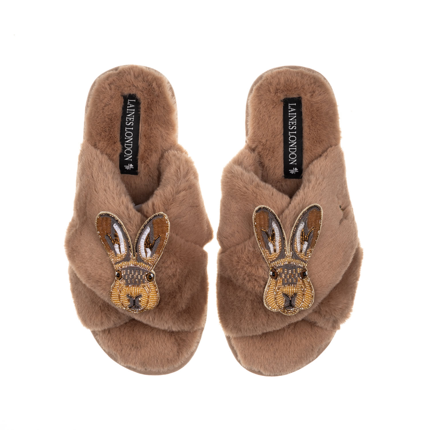 Laines London Women's Brown Classic Laines Slippers With Double Hare Brooches - Toffee In Brown