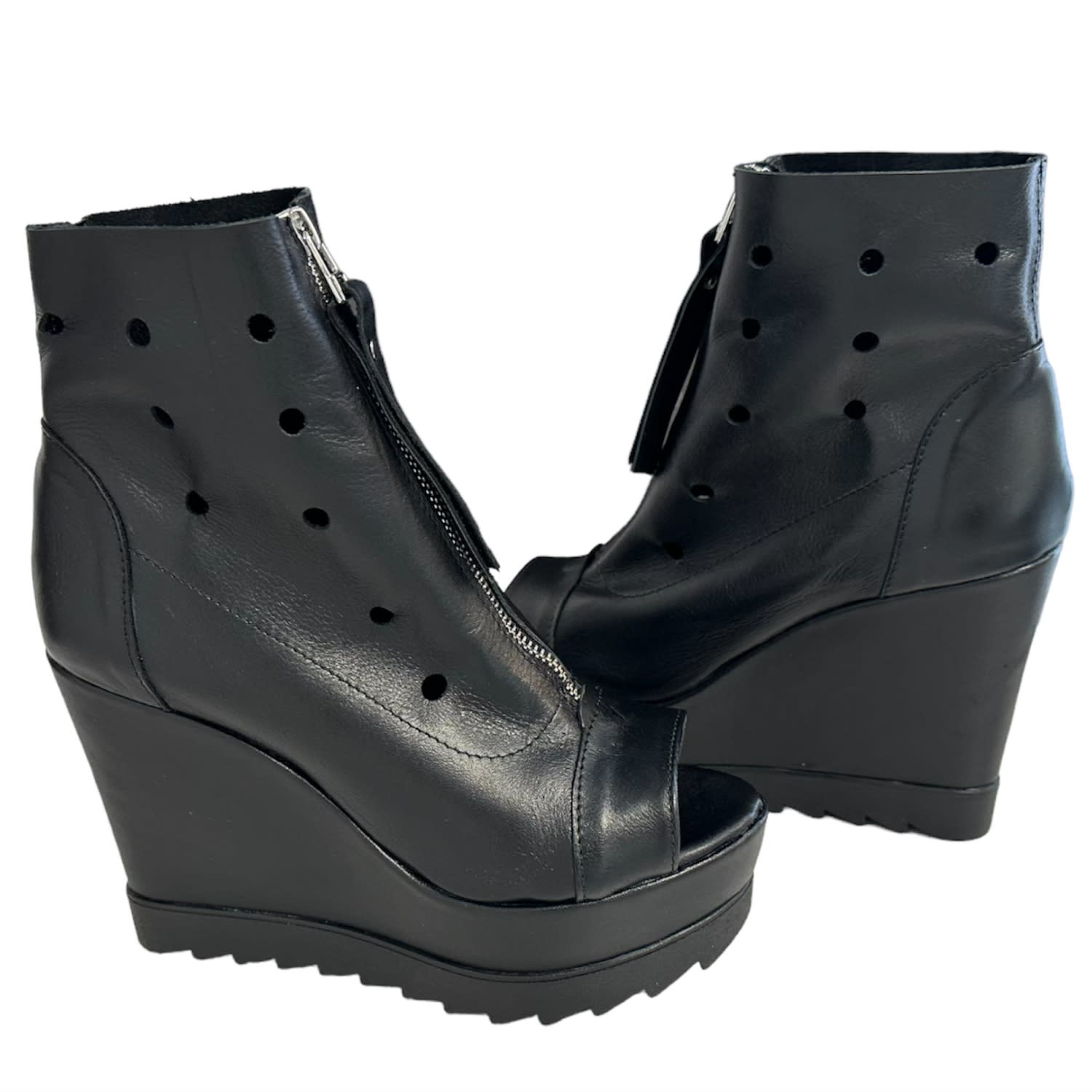 Adrenaline Fashion Black Women's Summer Leather Wedge Boots – Handmade Genuine Leather Open Toe Ankle Boots With Front  In Black