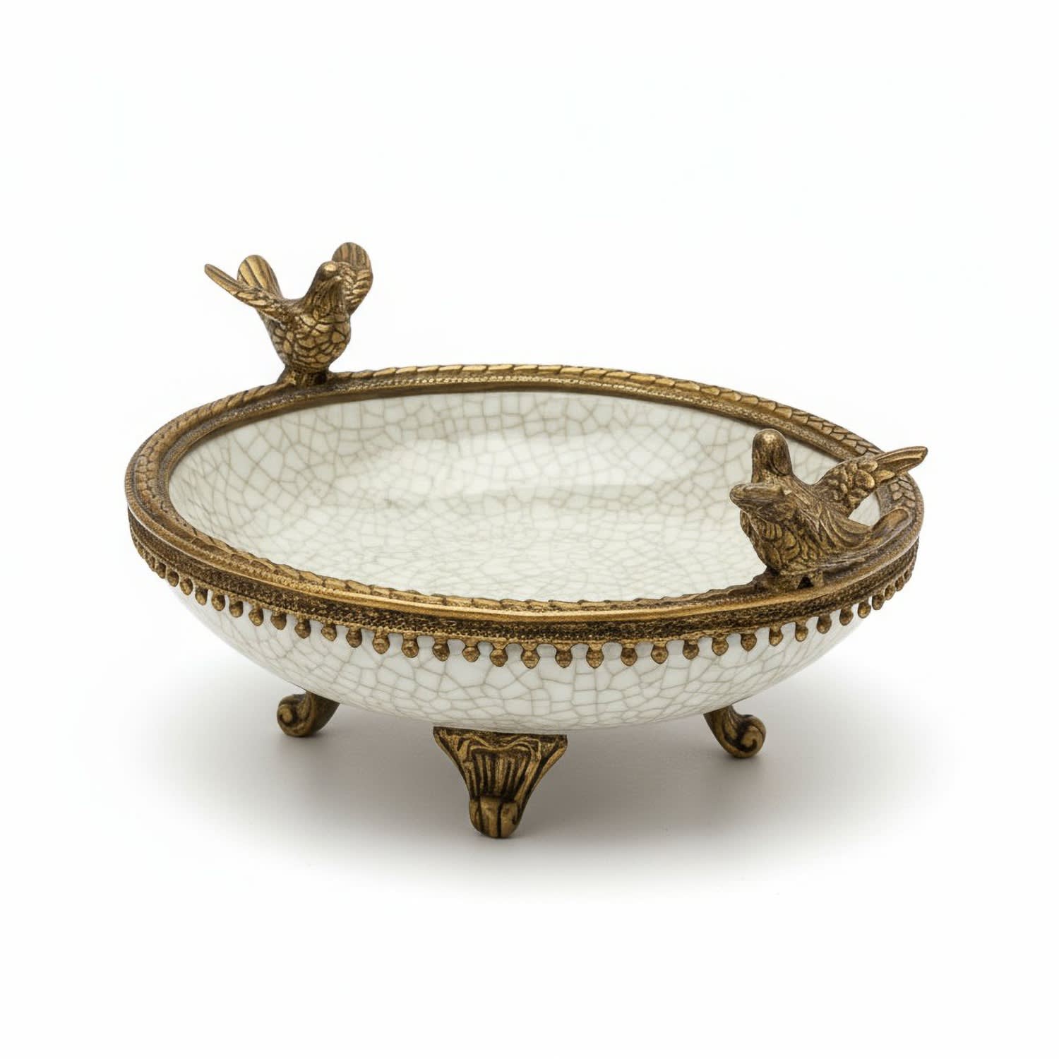 Fable And Mirth White / Gold Whimsical Porcelain & Bronze Bird Bath Trinket Dish In Multi