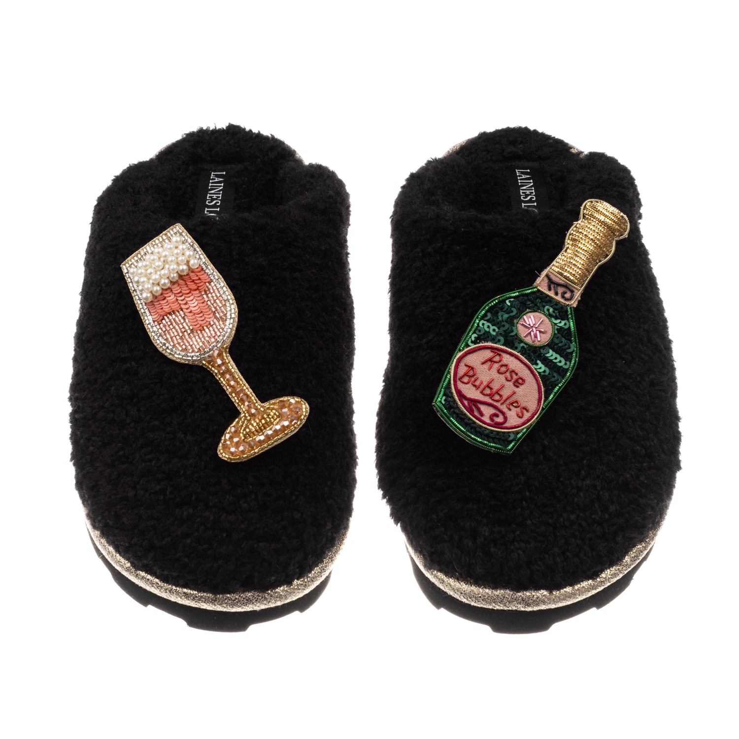 Laines London Women's Teddy Closed Toe Slippers With Pink Champagne & Glass Brooches - Black In Black