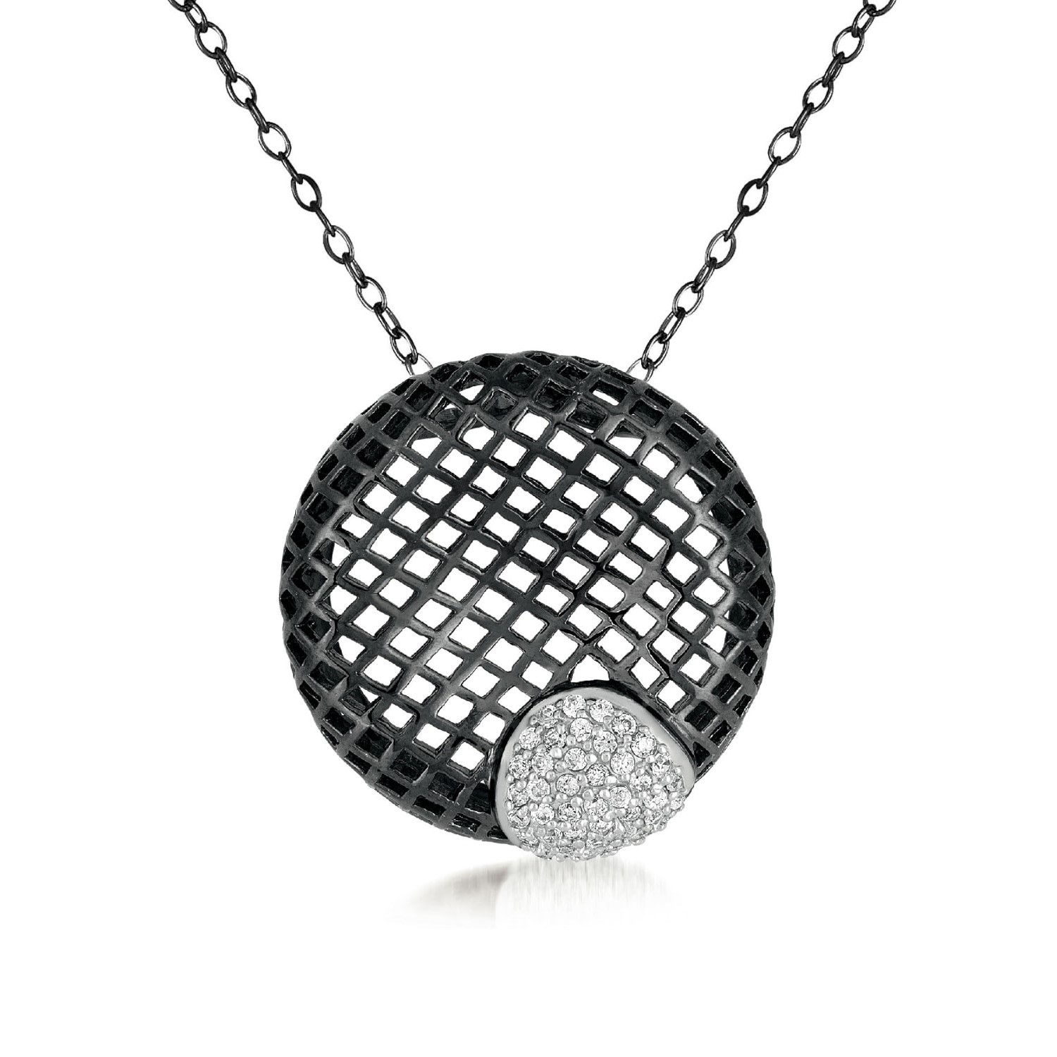 Genevive Jewelry Women's Black / White Sterling Silver Black Overlay Clear Cubic Zirconia Net Round Necklace In Multi