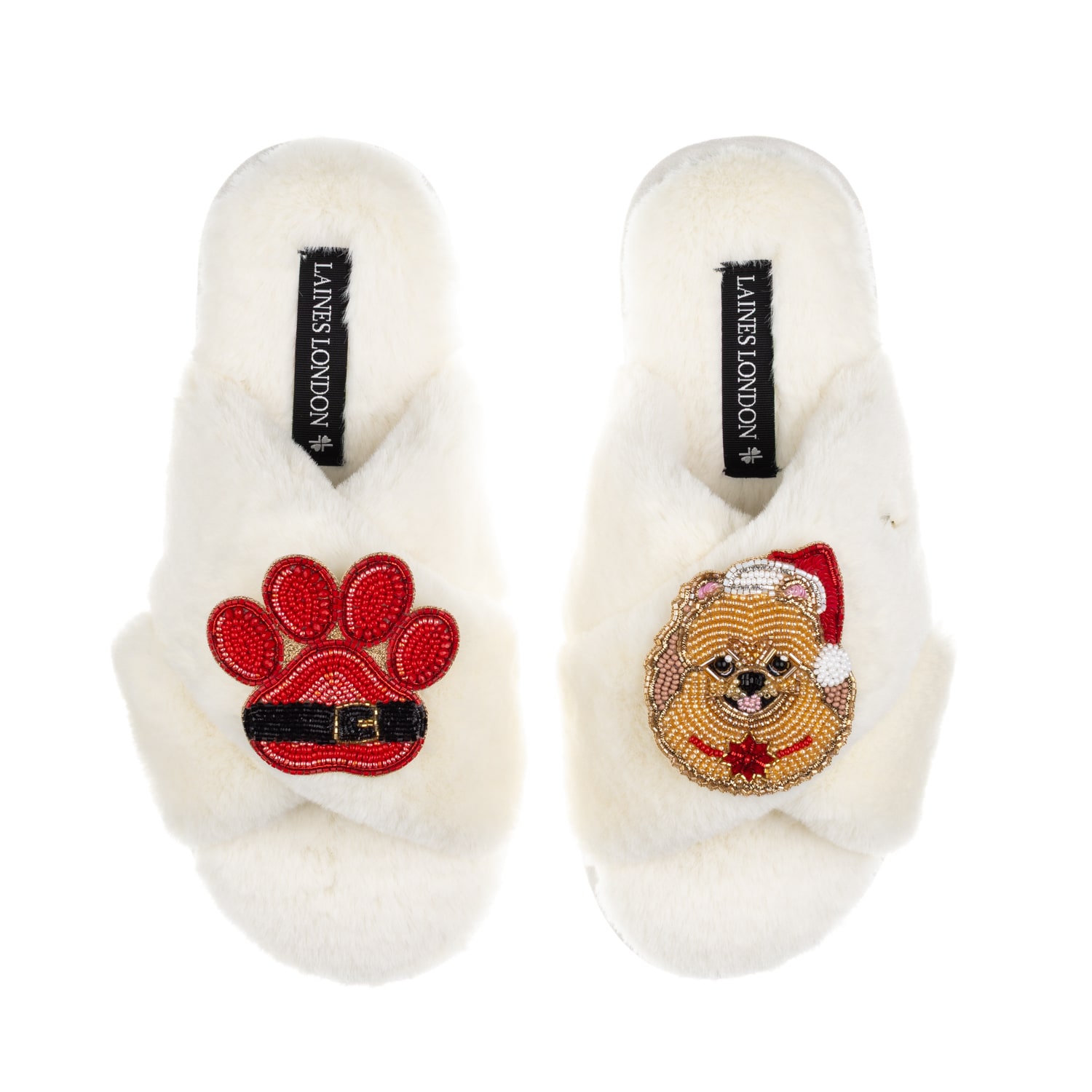 Laines London Women's Neutrals / White Classic Laines Slippers With Christmas Pomeranian & Paw Brooches - Cream In White