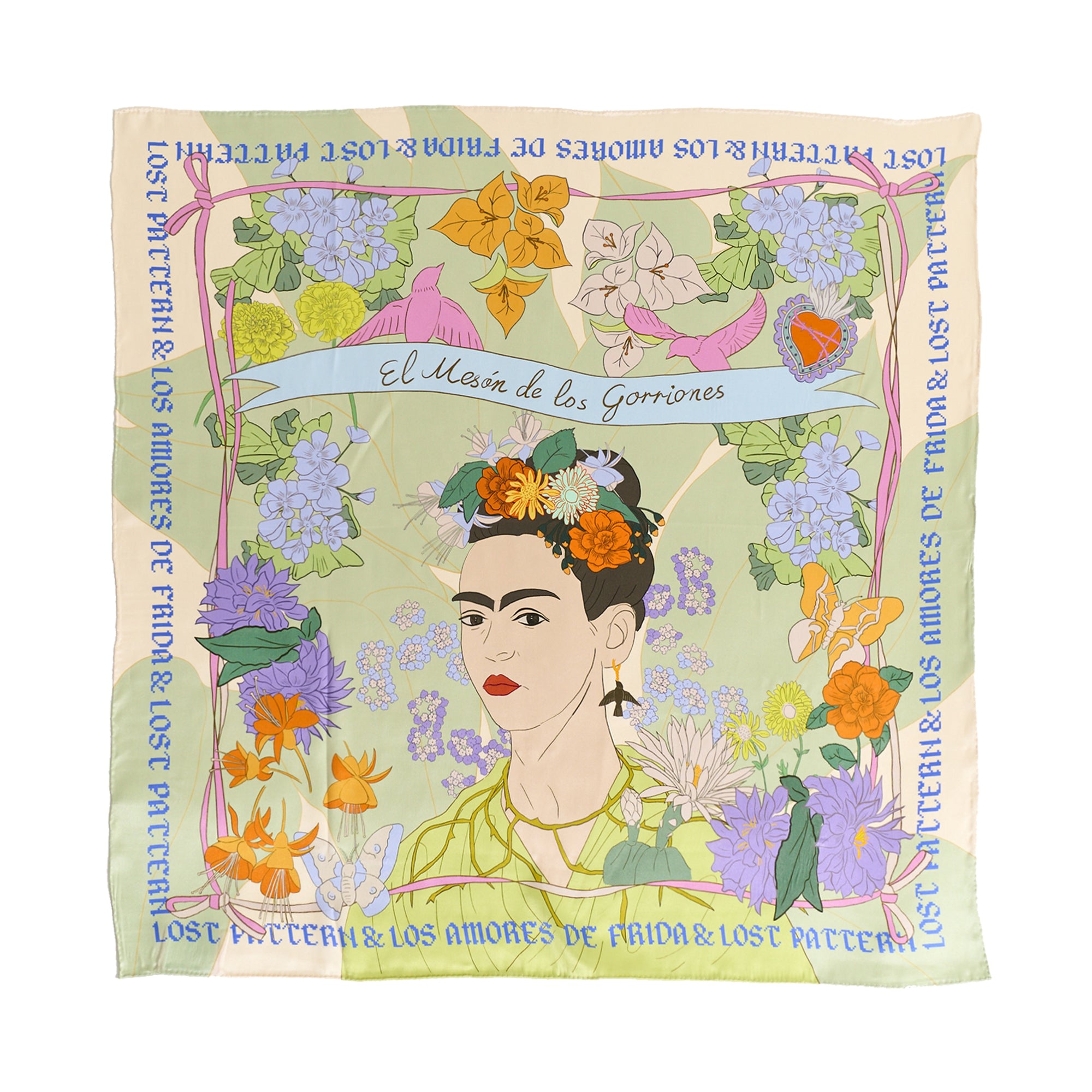 Women’s Frida X Lost Pattern "Los Amores De Frida" Large Silk Scarf - Pastel One Size Lost Pattern Nyc