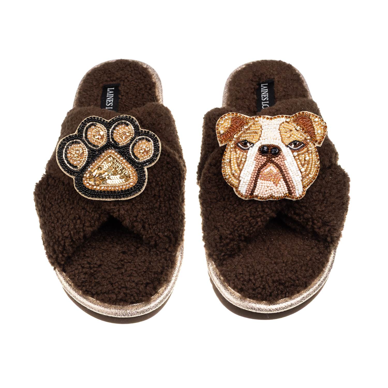 Laines London Women's Brown / Neutrals Laines Neutral Boucle Slippers With Mr Beefy The Bulldog & Paw Brooches - C