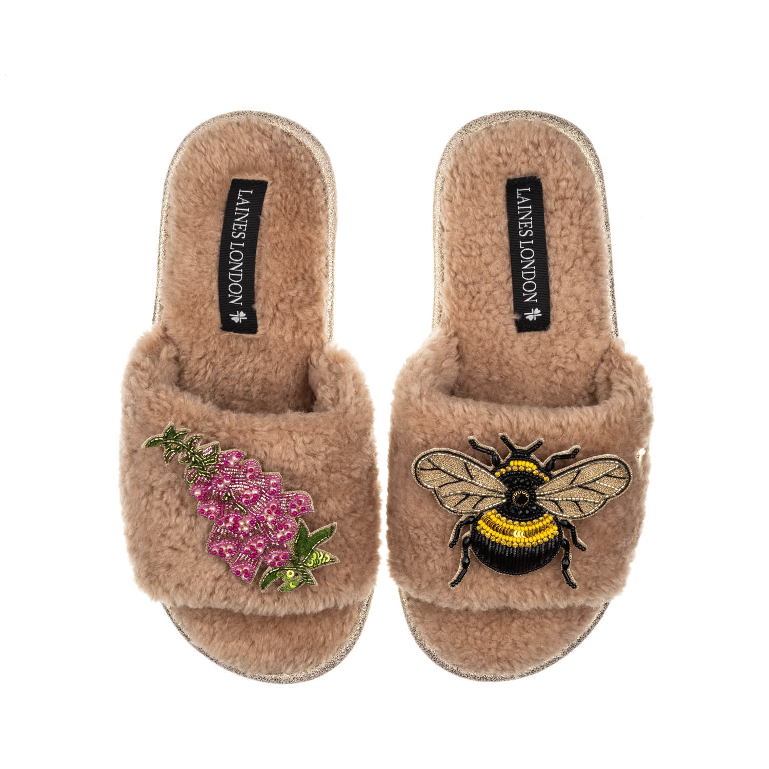 Laines London Women's Brown Teddy Toweling Slipper Sliders With Honeybee & Pink Foxglove Flowers Brooches - Toffee In Brown