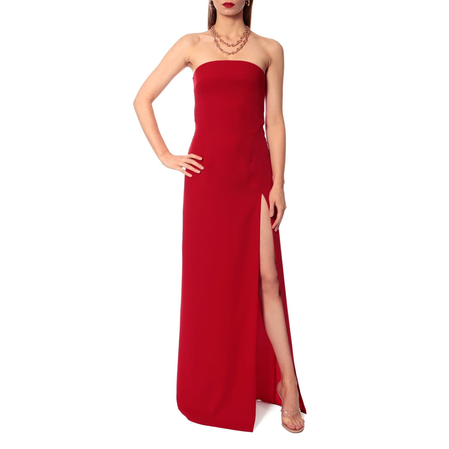 Red maxi dress strapless sales
