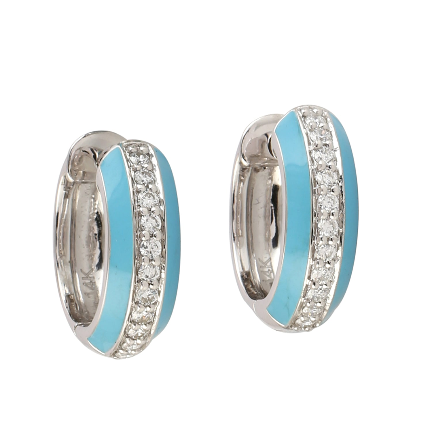 Women’s White / Blue 14K White Gold With Genuine Diamond Handmade Enamel Hoop Earrings Artisan