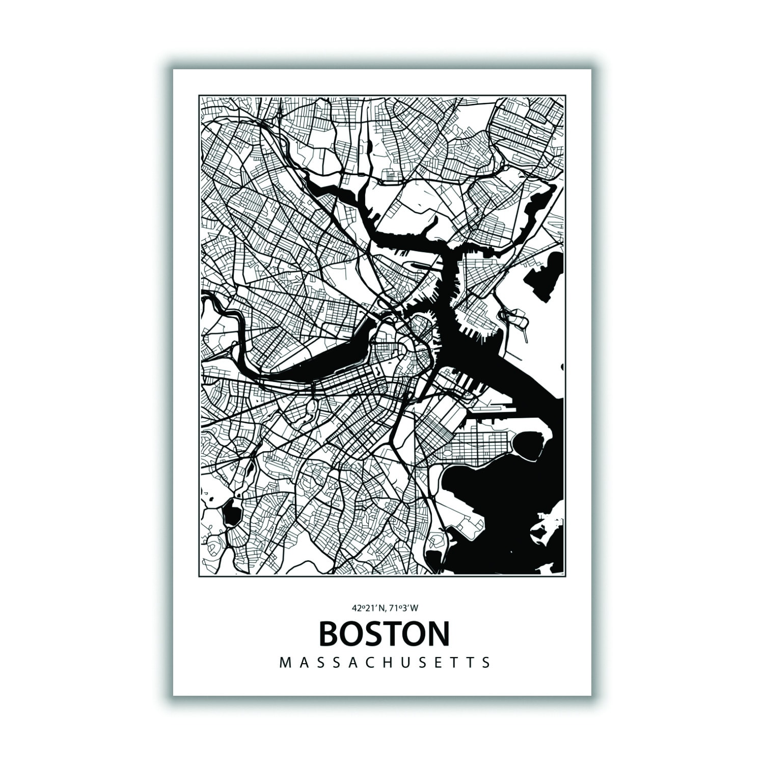 Black Map Of Boston Massachusetts Extra Large Stanley Print House