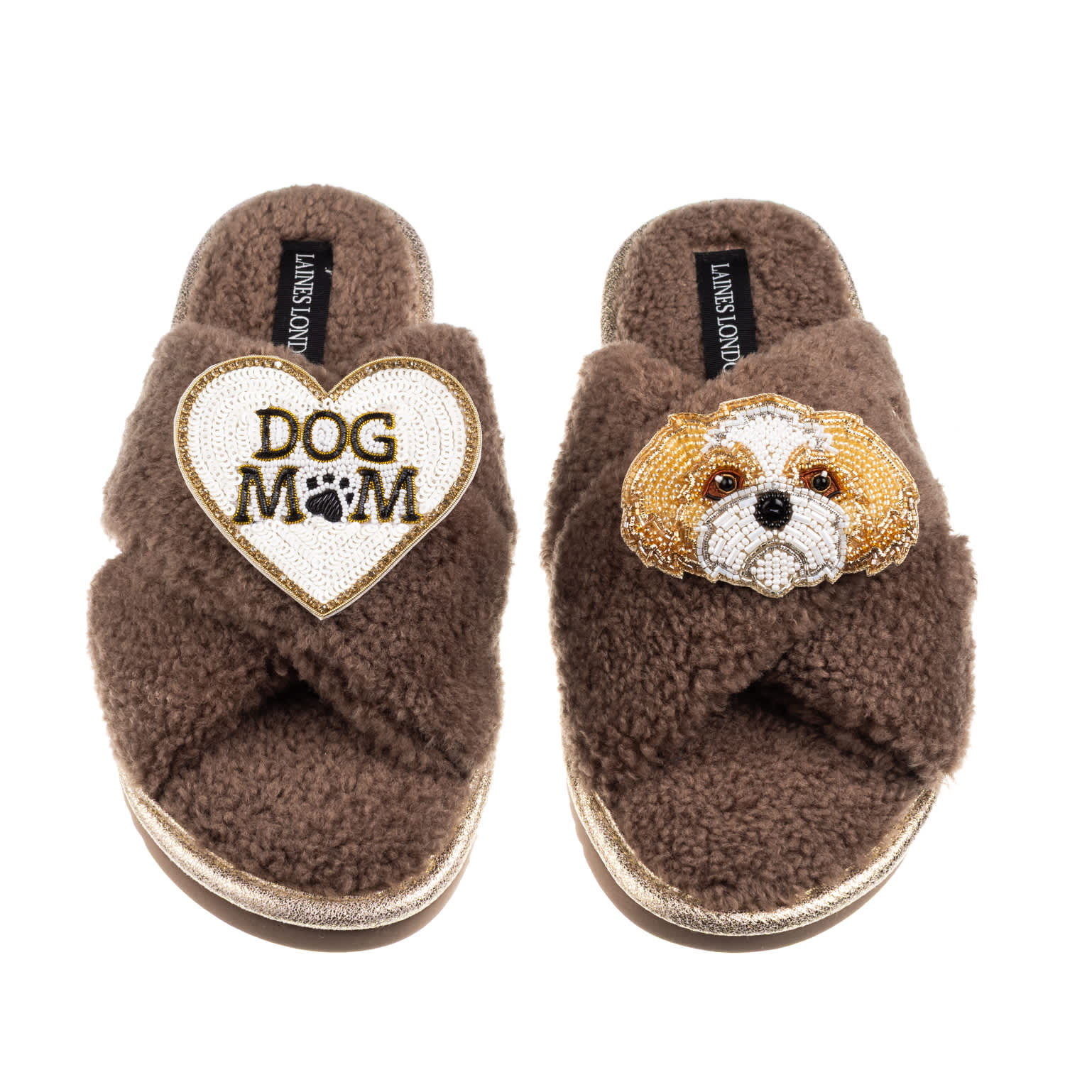 Laines London Women's Brown / Neutrals Boucle Slippers With Dog Mum/mom & Gold & White Shih Tzu Brooches - Mink In Brown