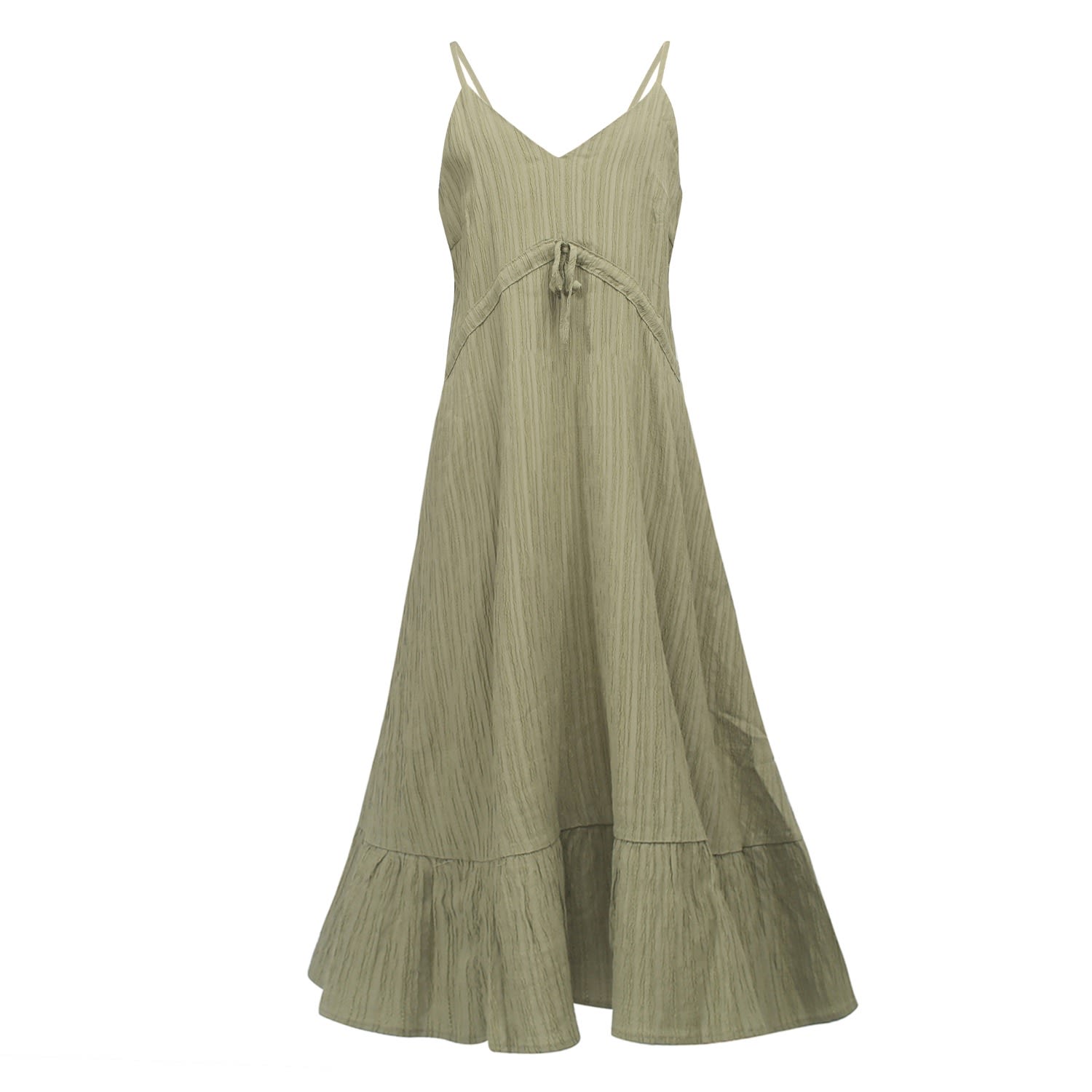 Smart And Joy Women's Green Trapeze Midi Dress With Drawstring And Thin Shoulder Straps In Green