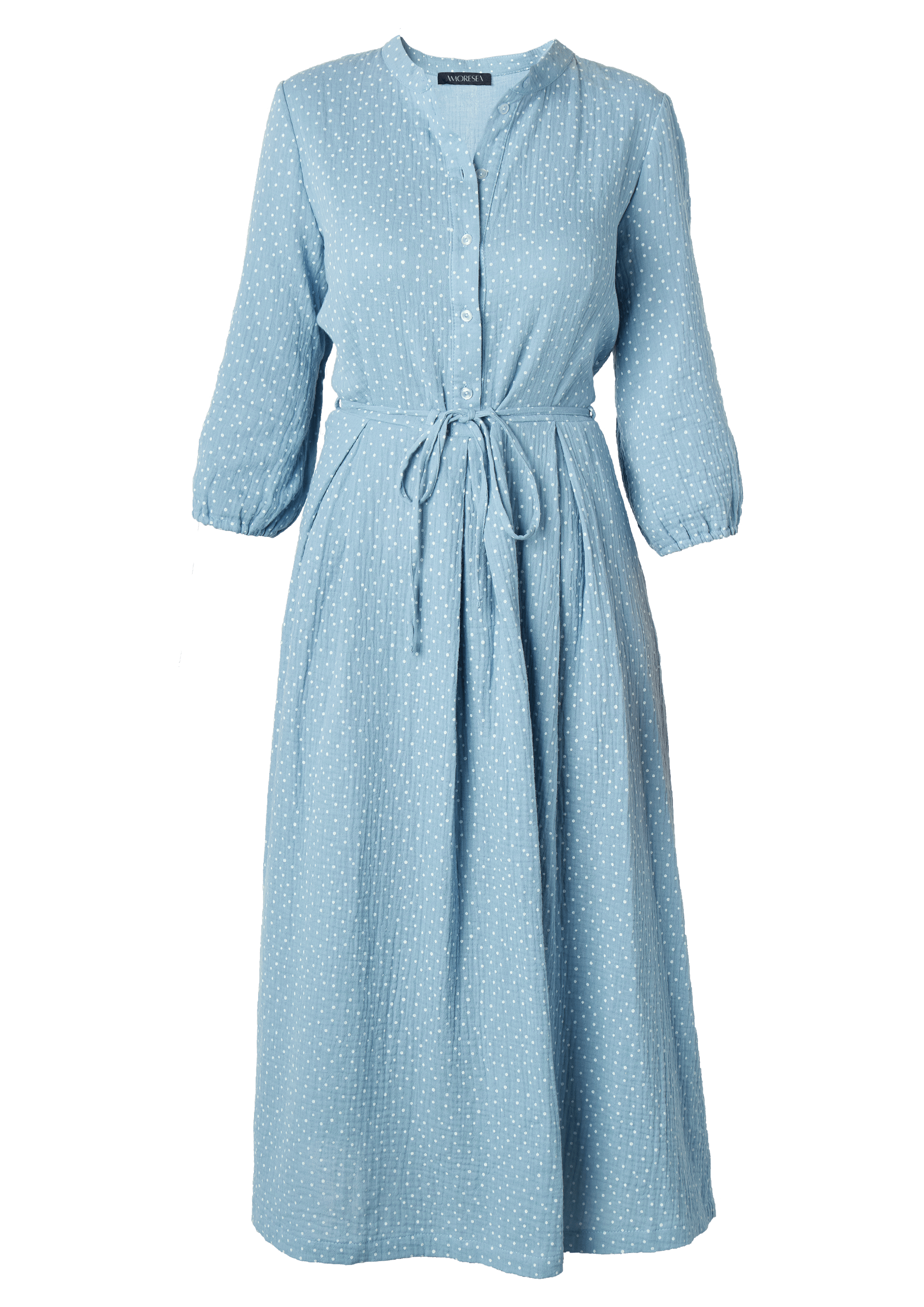 Amoresea Women's Angelic Midi Blue Cotton Dress With Adjustable Belt And Pockets In Blue