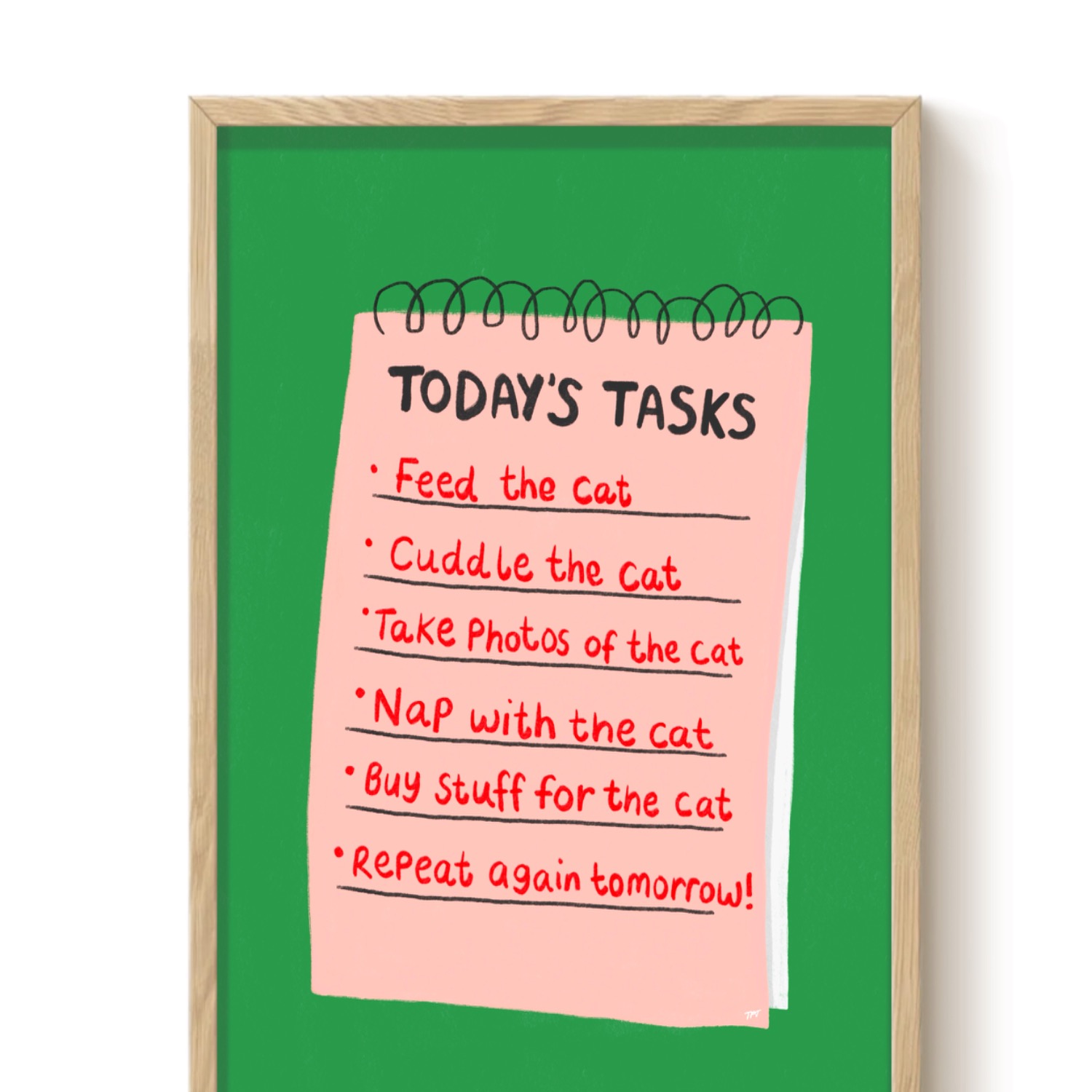The Paper Tail Green / Red Today's Tasks - Cat Art Print - A4 In Multi