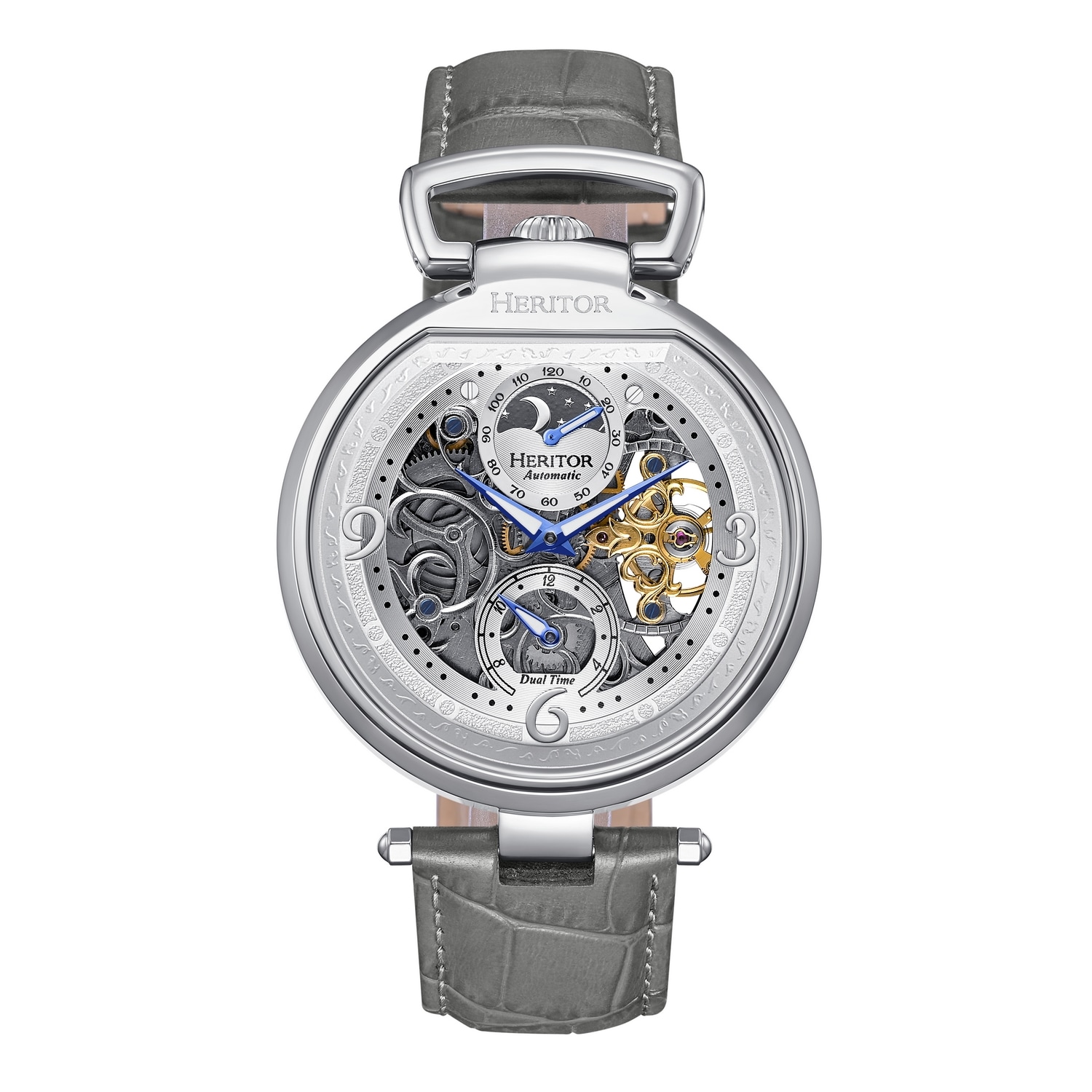 Heritor Automatic Men's Grey / Silver Lincoln Leather-band Skeleton Watch With Dual Time And Moon Phase - Grey, Silver