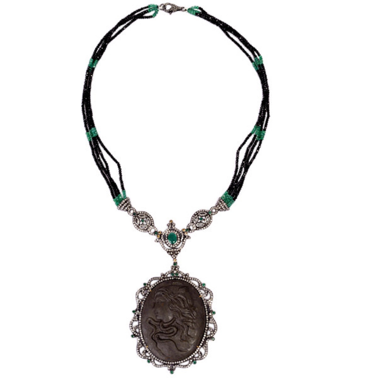 Women’s Green / Brown / Black 925 Silver Pave Diamond Emerald Black Onyx Beads Cameo Necklace 18K Gold Artisan