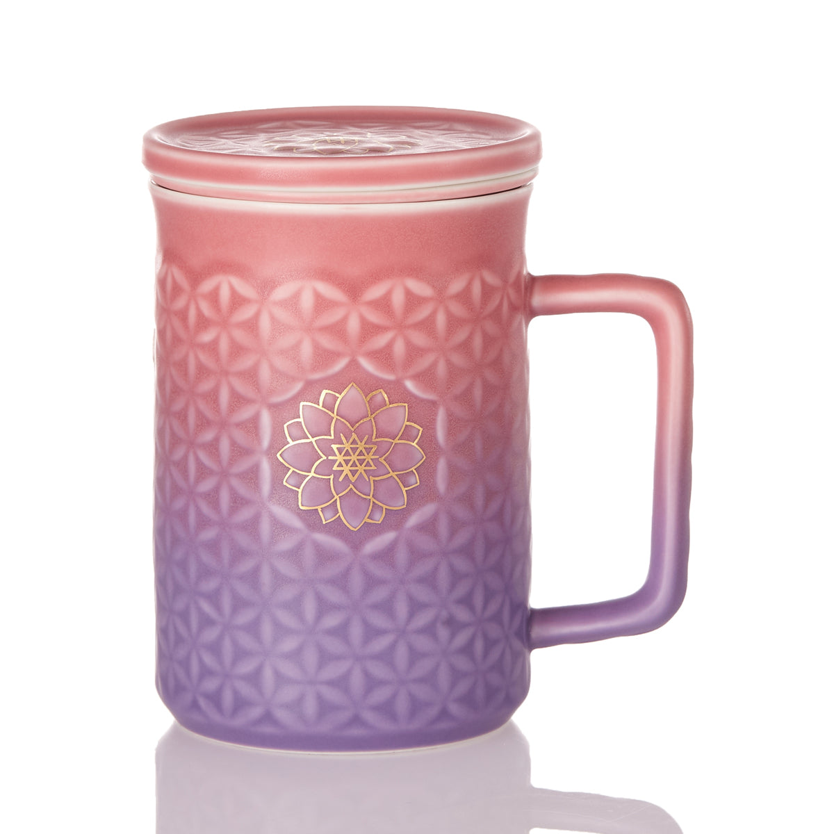 Gold / Pink / Purple Flower Of Life 3-In-1 Tea Mug With Infuser - Pink And Purple Ombre / Hand-Painted Gold Flower Acera