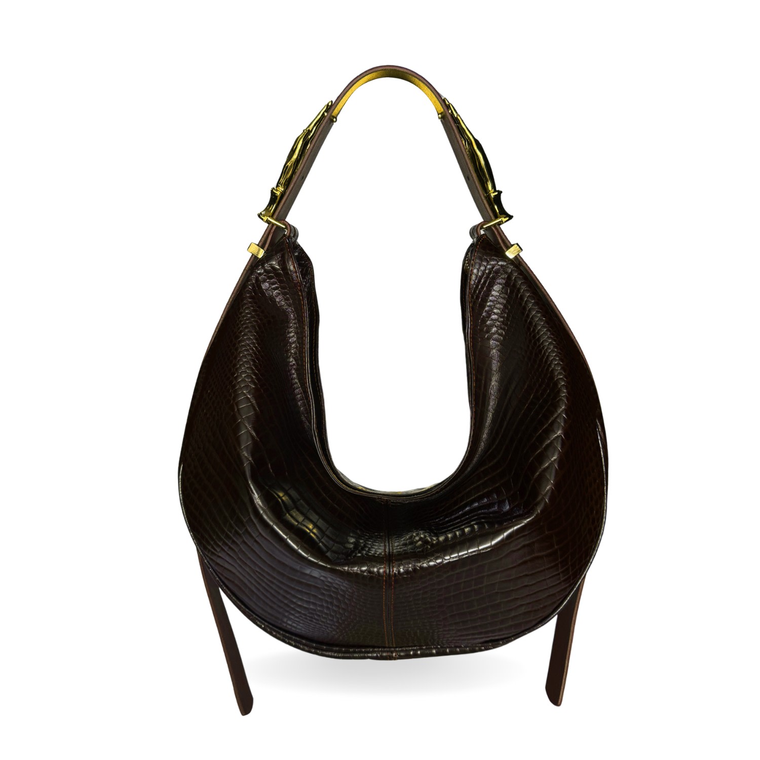 Indigolush Women's Brown Hobo Adjustable Hand Shaped Leather Bag Maxi Ebony Lizard In Brown