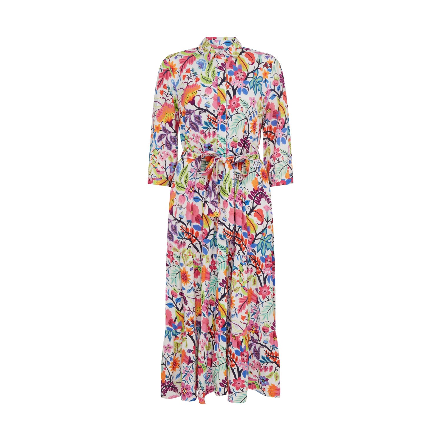 Raishma Women's Amba 3/4 Sleeve Floral Multicoloured Midi Shirt With Tie Belt Dress.