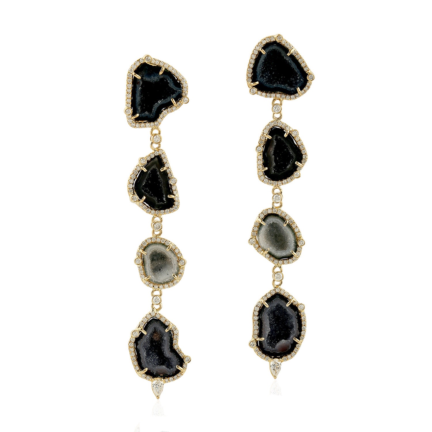 Women’s White / Gold / Black 18K Yellow Gold Pave Diamond Black Geode Dangle Drop Earrings Artisan