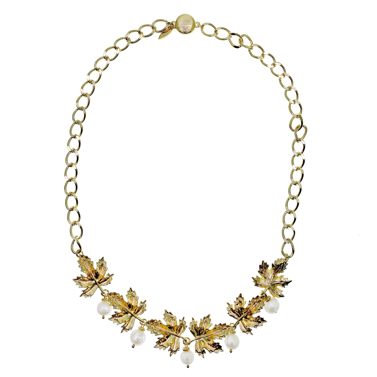 Farra Women's Gold / White Maple Leaves With Freshwater Pearls Pendant Statement Necklace
