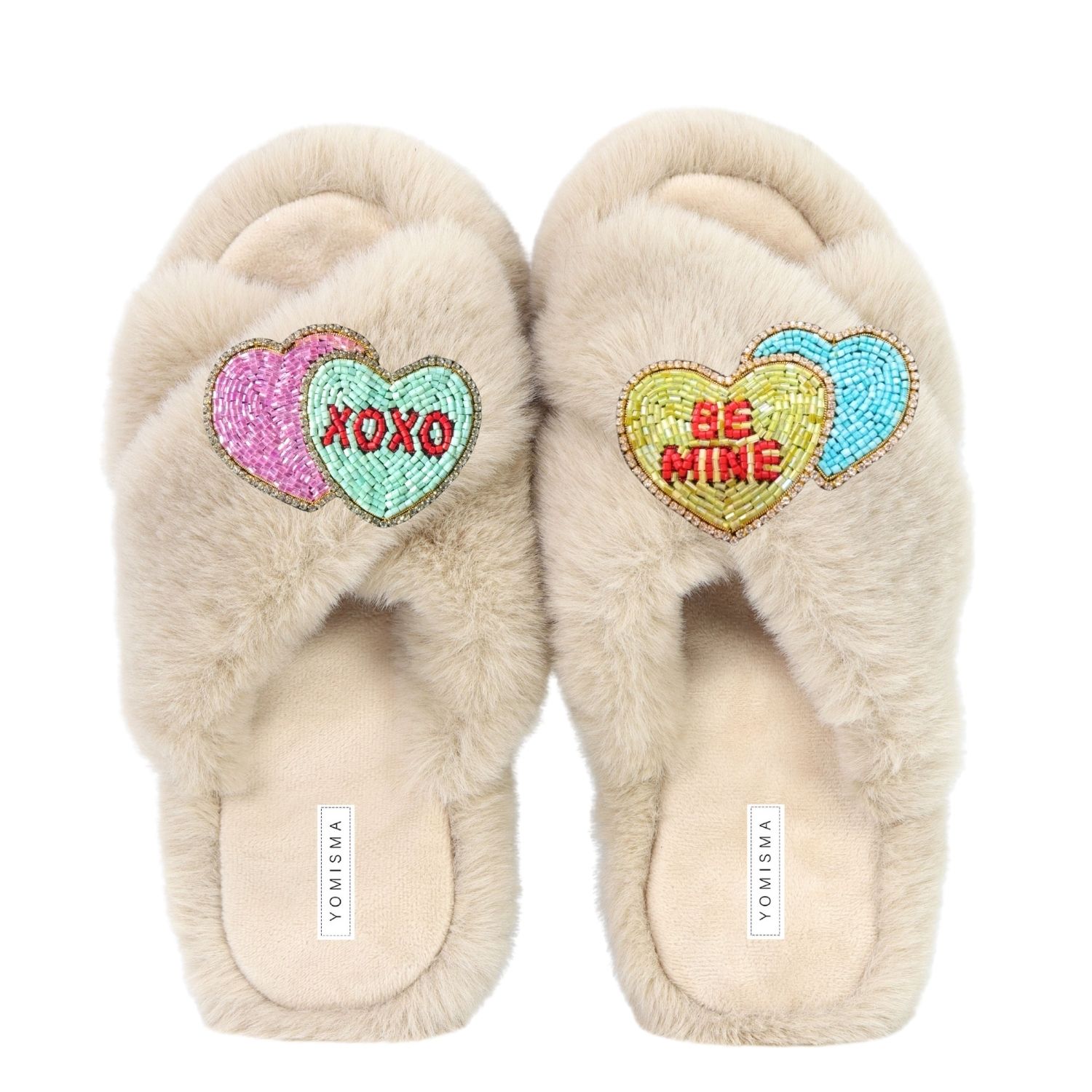 Yomisma Women's Neutrals Faux Fur Slippers - Global Recycled Standard Certified Valentine's Day - Be Mine + In Beige