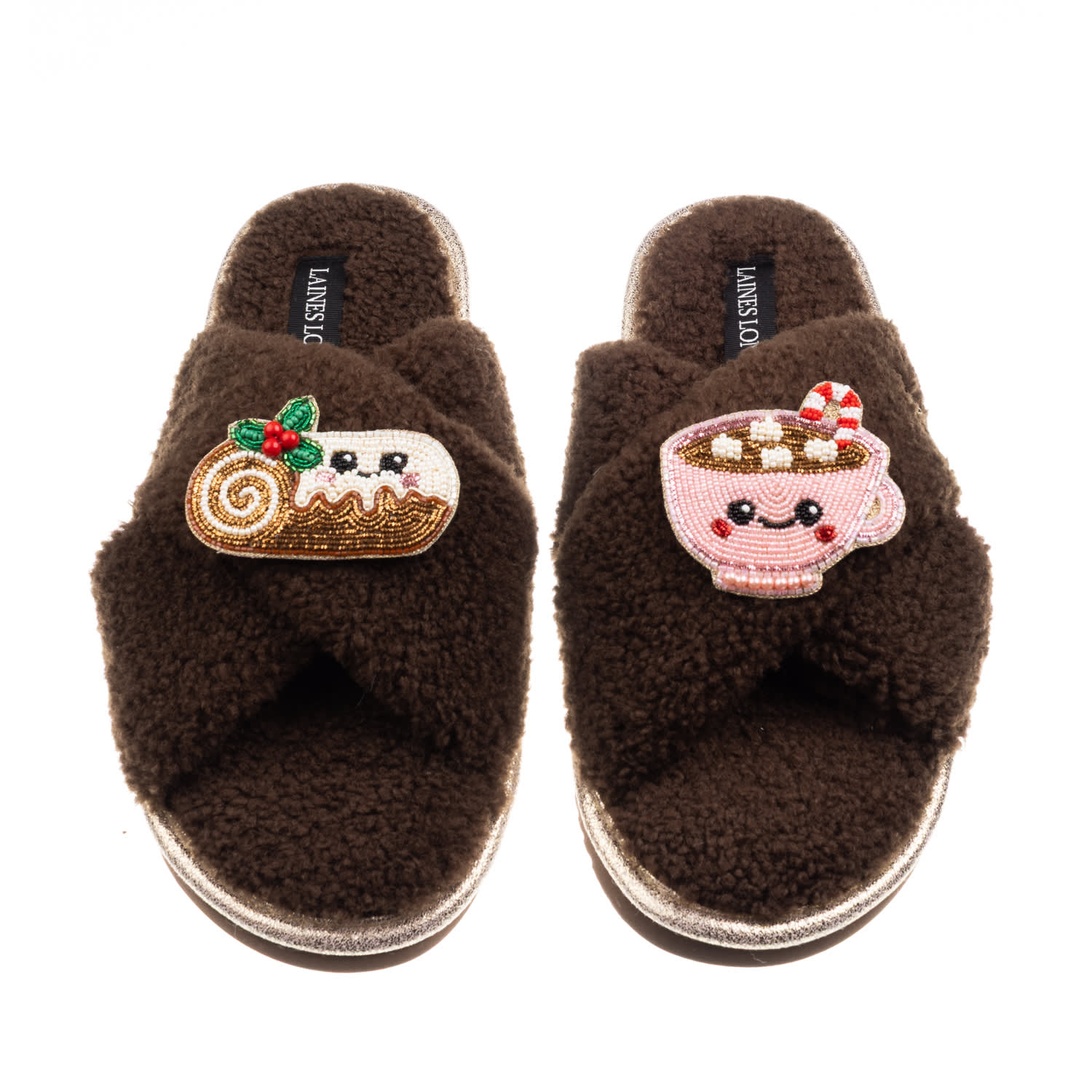 Laines London Women's Brown / Neutrals Laines Boucle Slippers With Christmas Lovable Yule Log & Hot Chocolate Broo In Brown