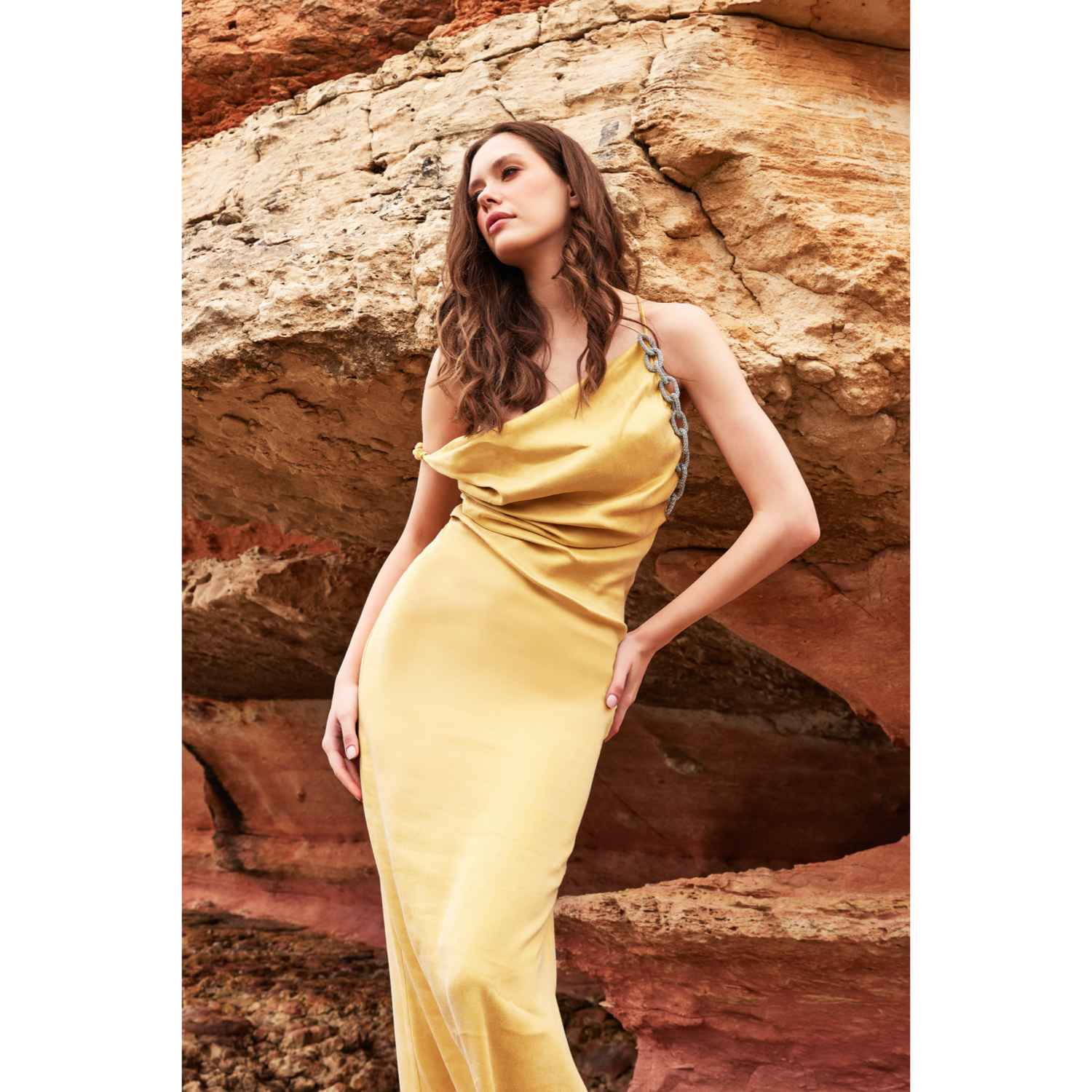 slim fit dress slacks Boucl Off-Shoulder Maxi Dress in Yellow - XXS