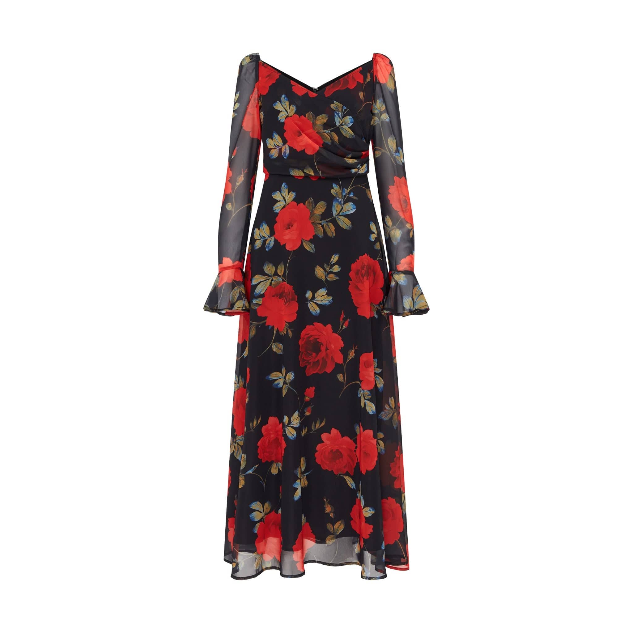 Floral Long-Sleeve Maxi Dress In Midnight Rose Black | SOUR FIGS