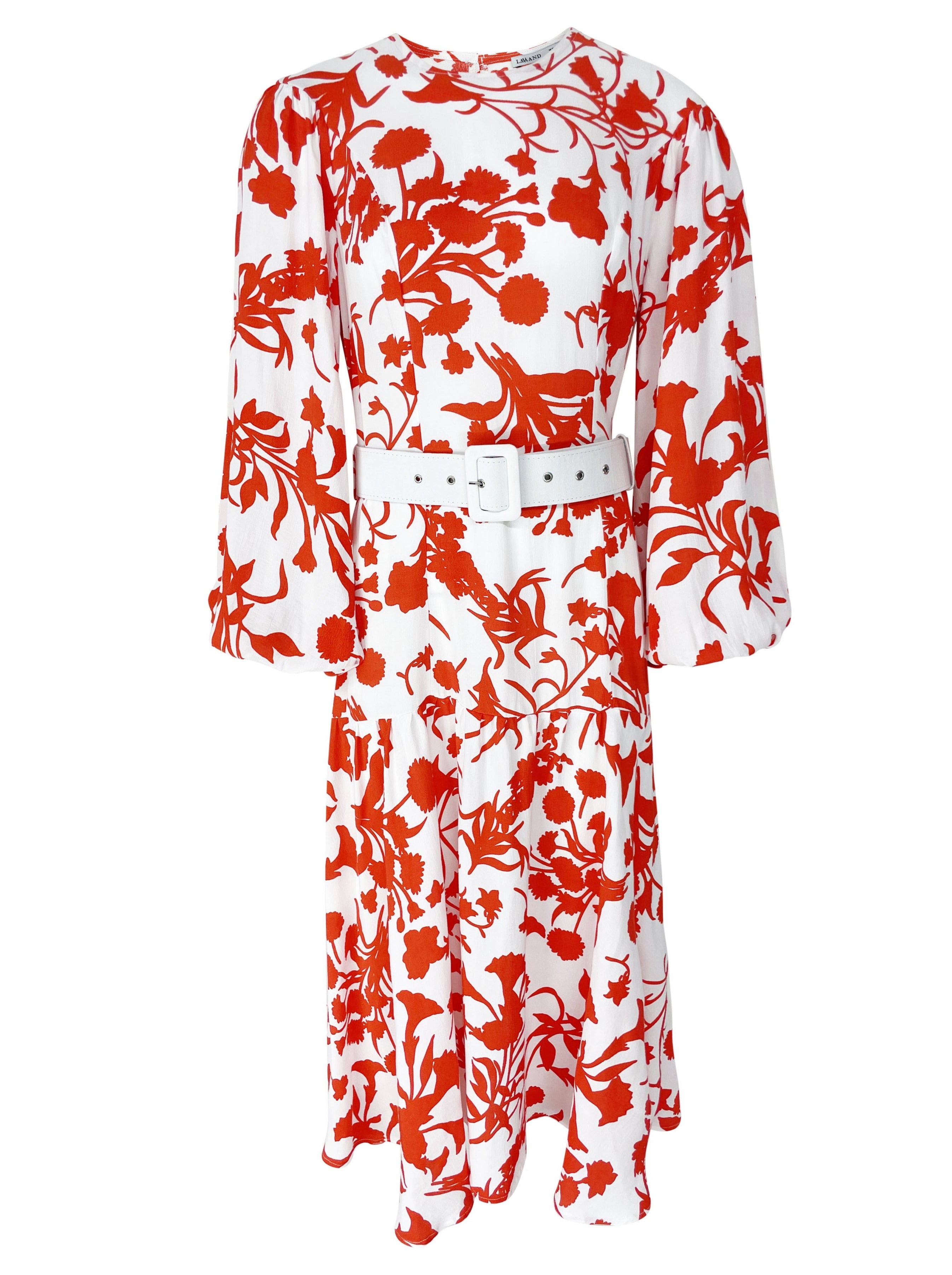Lavaand Women's White / Red The Margo Belted Midi Dress In Red Floral In White/red