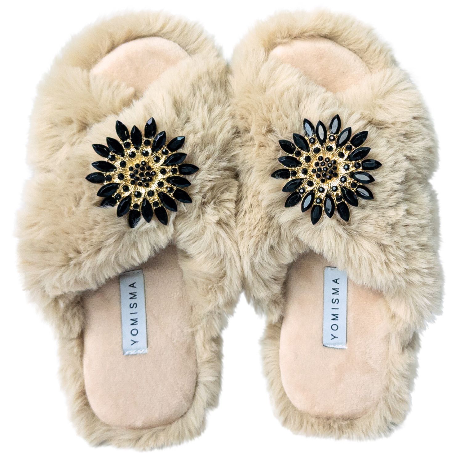 Yomisma Women's Neutrals Faux Fur Slippers - Global Recycled Standard Certified With Black Jewel Embellishme In Beige/black
