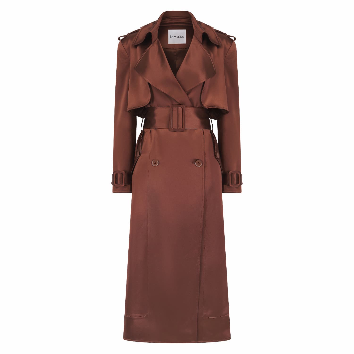 Maryam Brown Belted Satin Trench Coat, SAMEERA