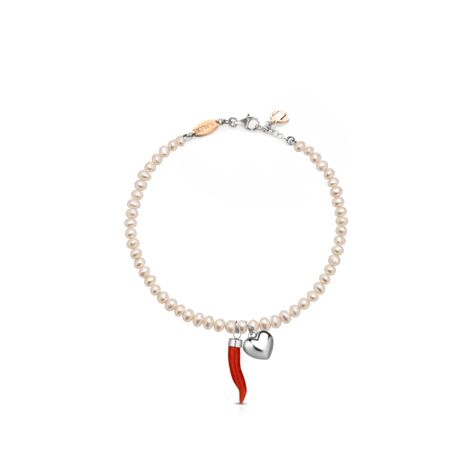 Unaloe Women's White / Silver Baroque Pearl  Bracelet With Coral Cornicello And Silver Heart In Multi