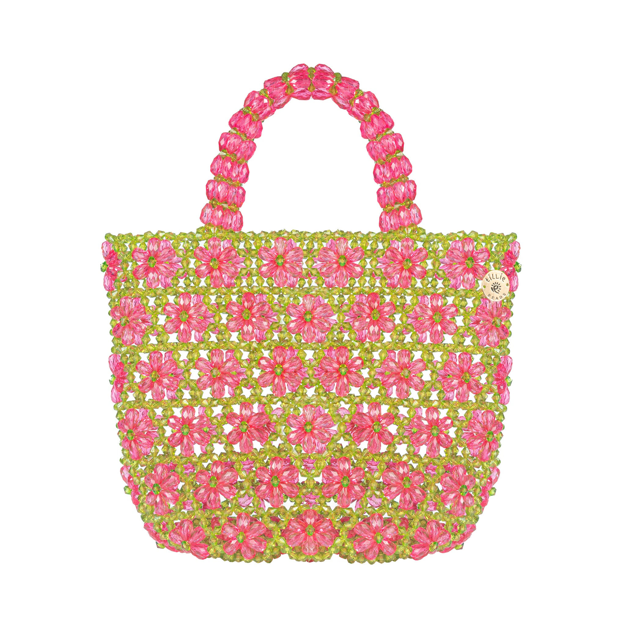 Tillie Beads Women's Green / Pink / Purple Green Tote With Pink Daisy Bead Bag