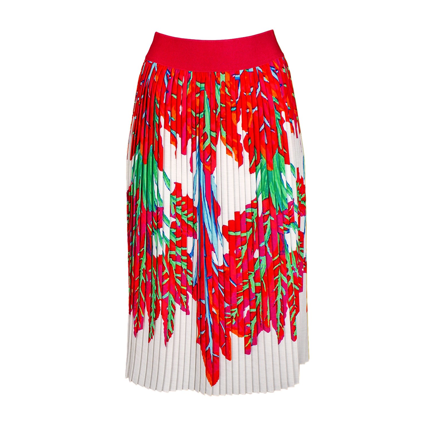 Lalipop Design Women's Pleated White Midi Skirt With Red Leaves Print In White