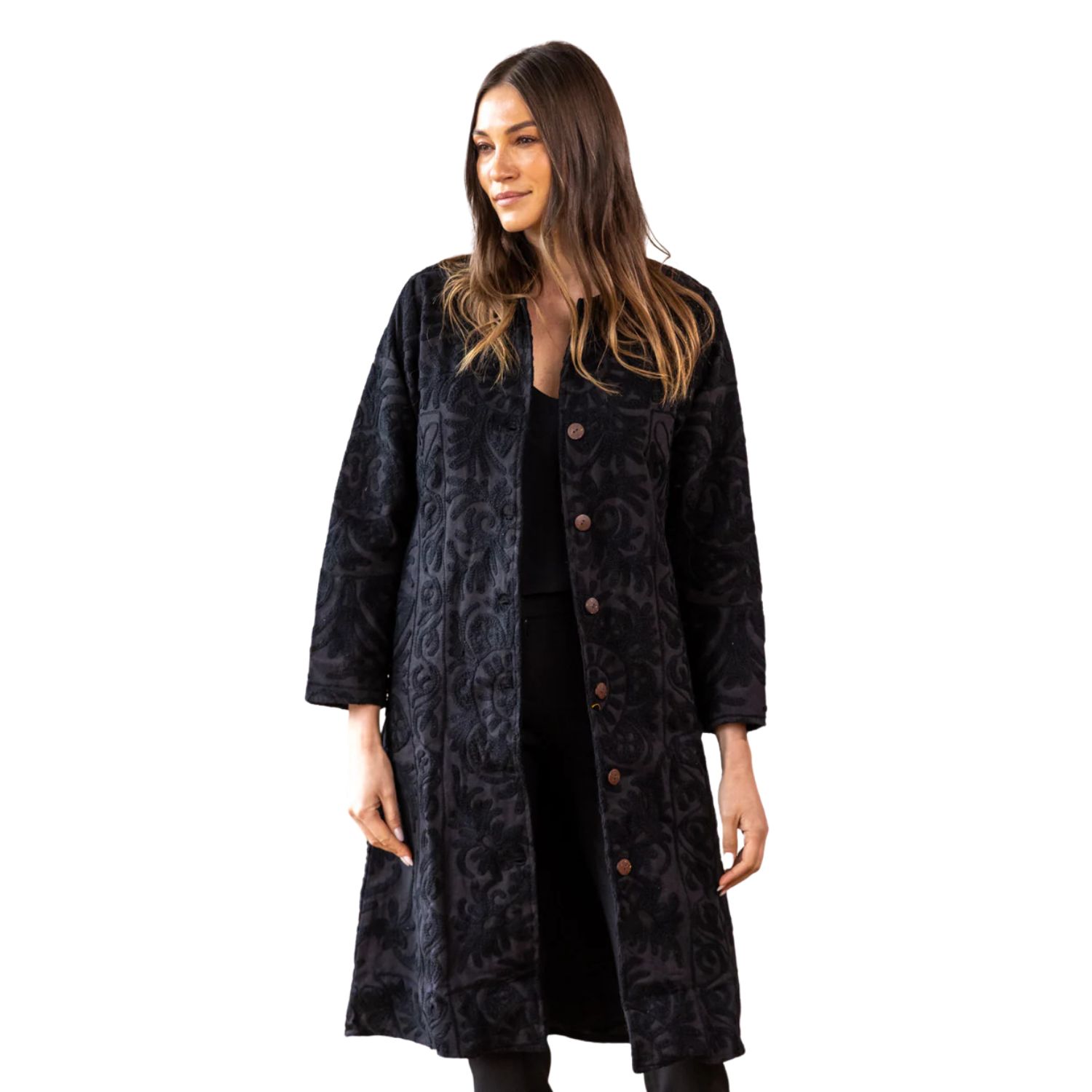 Transcend Women's Malika Coat - Black On Black Embroidery In Black