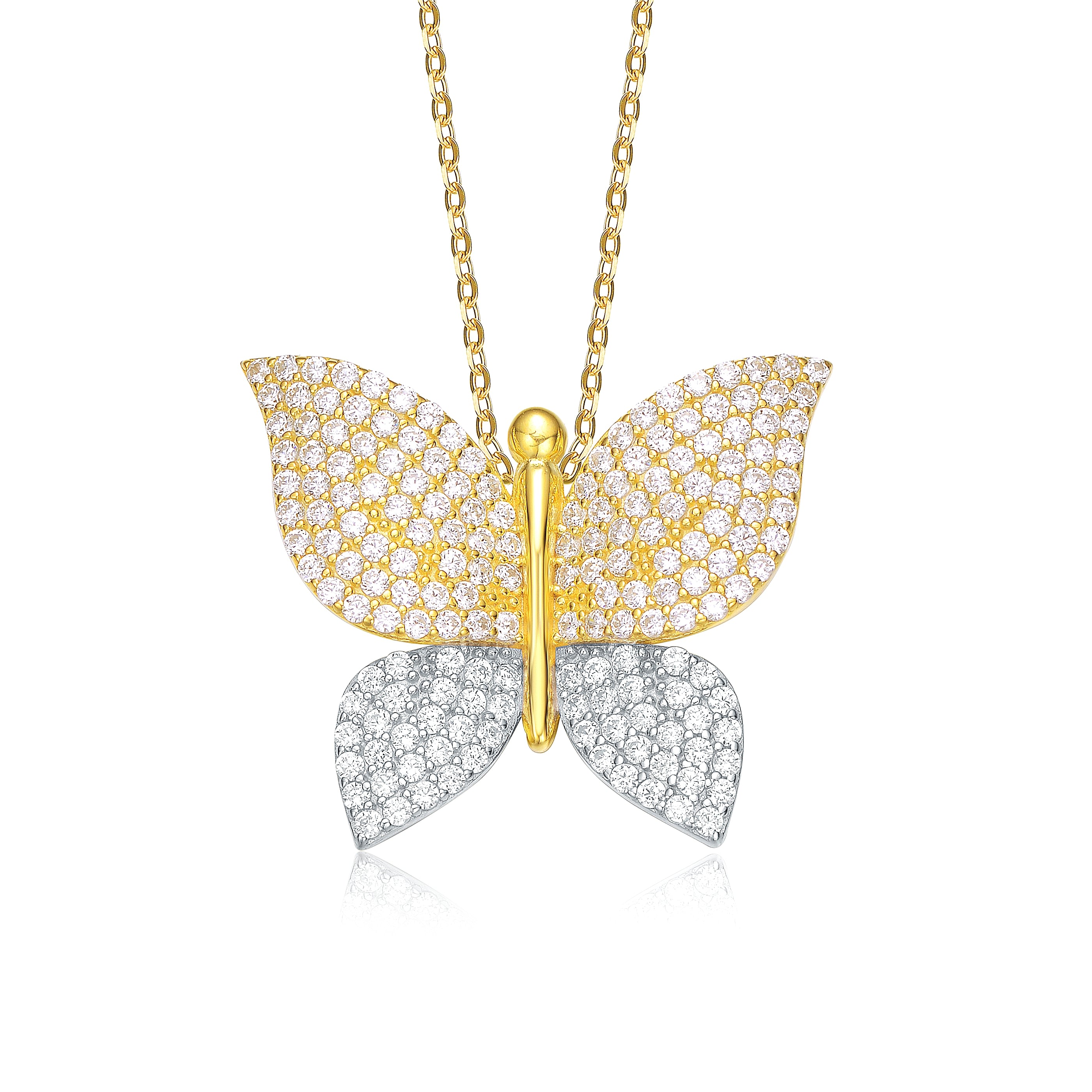 Women’s Yellow Gold White Gold Plated Cubic Zirconia Butterfly Pendant Necklace In Sterling Silver Genevive Jewelry