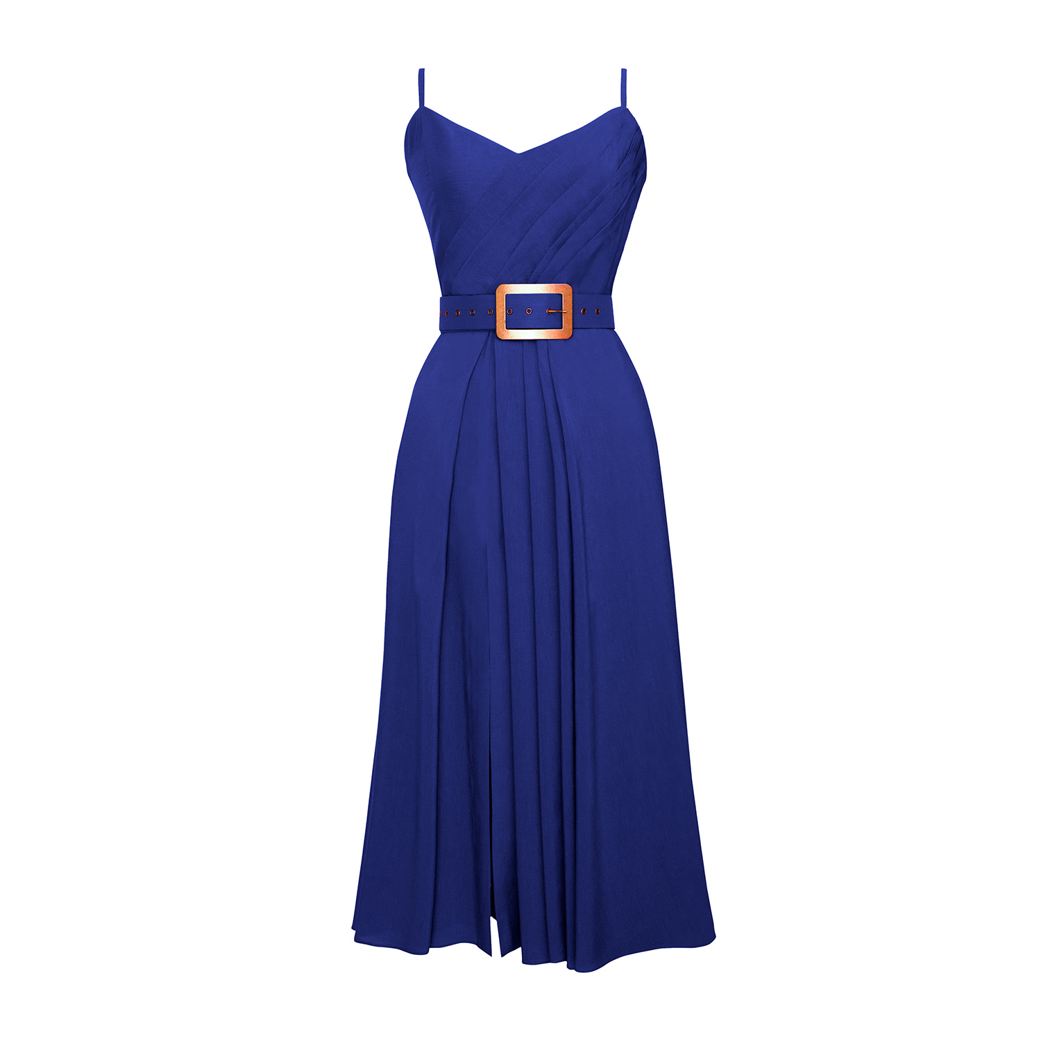 Alina Cernatescu Women's Simba Royal Blue Linen Draped Cocktail Midi Dress With Front Slit And Pockets In Blue