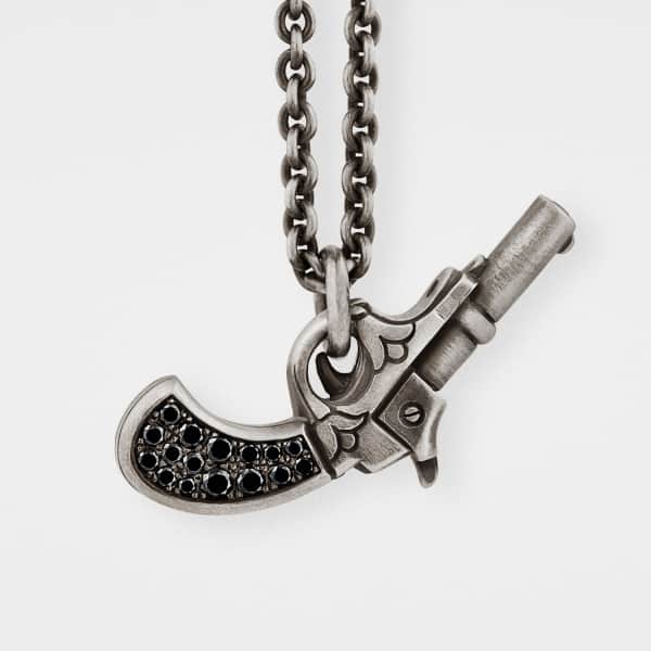 GUCCI MEN'S GUN PENDANT IN STERLING SILVER WITH BLACK DIAMONDS